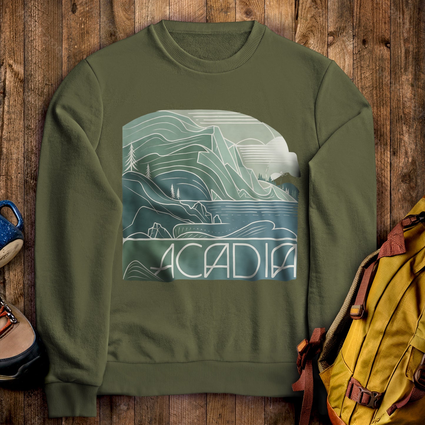 Acadia National Park Crewneck Sweatshirt Military Green Adventure and Outdoors Themed Sweatshirt
