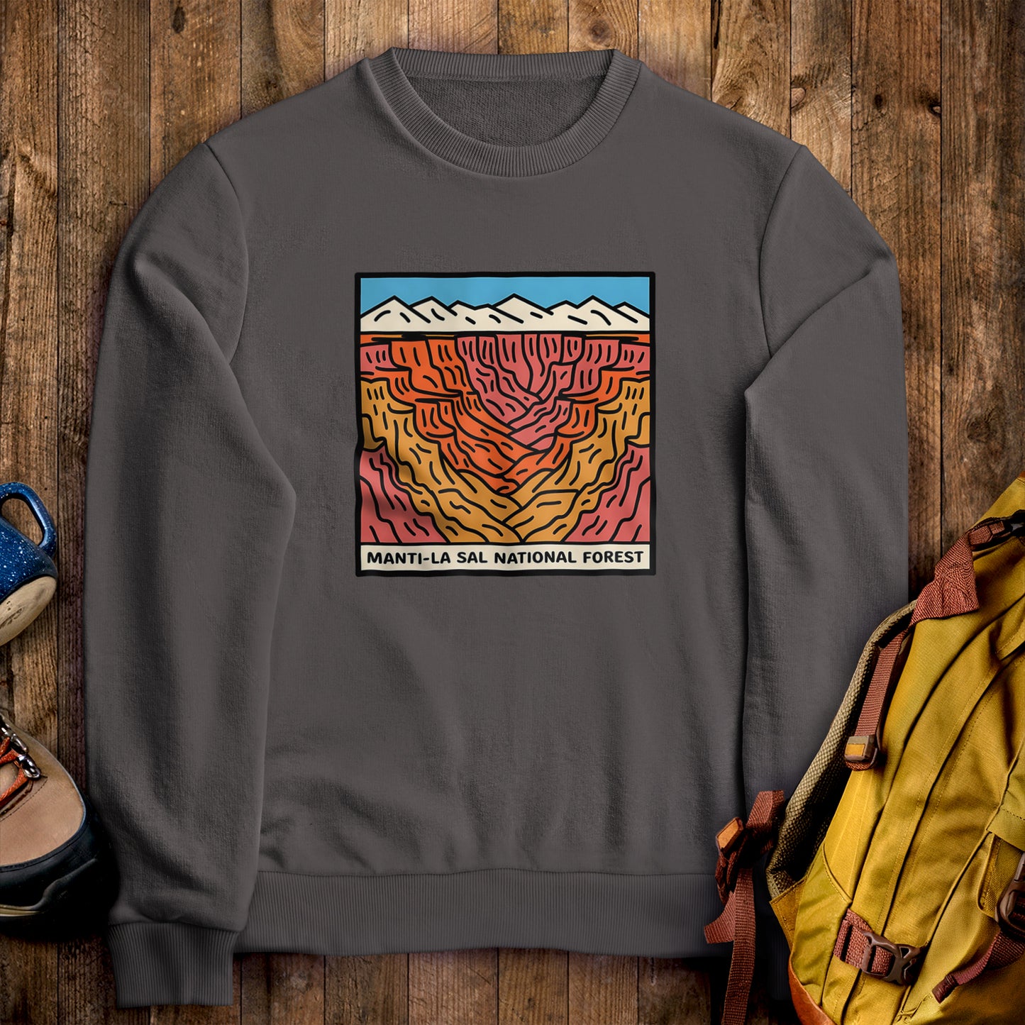 Manti-La Sal National Forest Crewneck Sweatshirt Charcoal Adventure and Outdoors Themed Sweatshirt