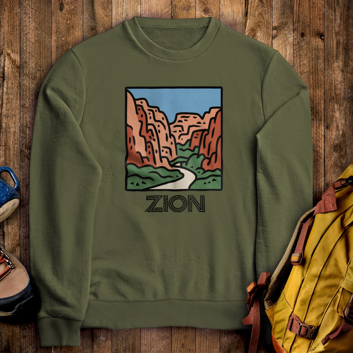 Zion National Park Crewneck Sweatshirt Military Green Adventure and Outdoors Themed Sweatshirt
