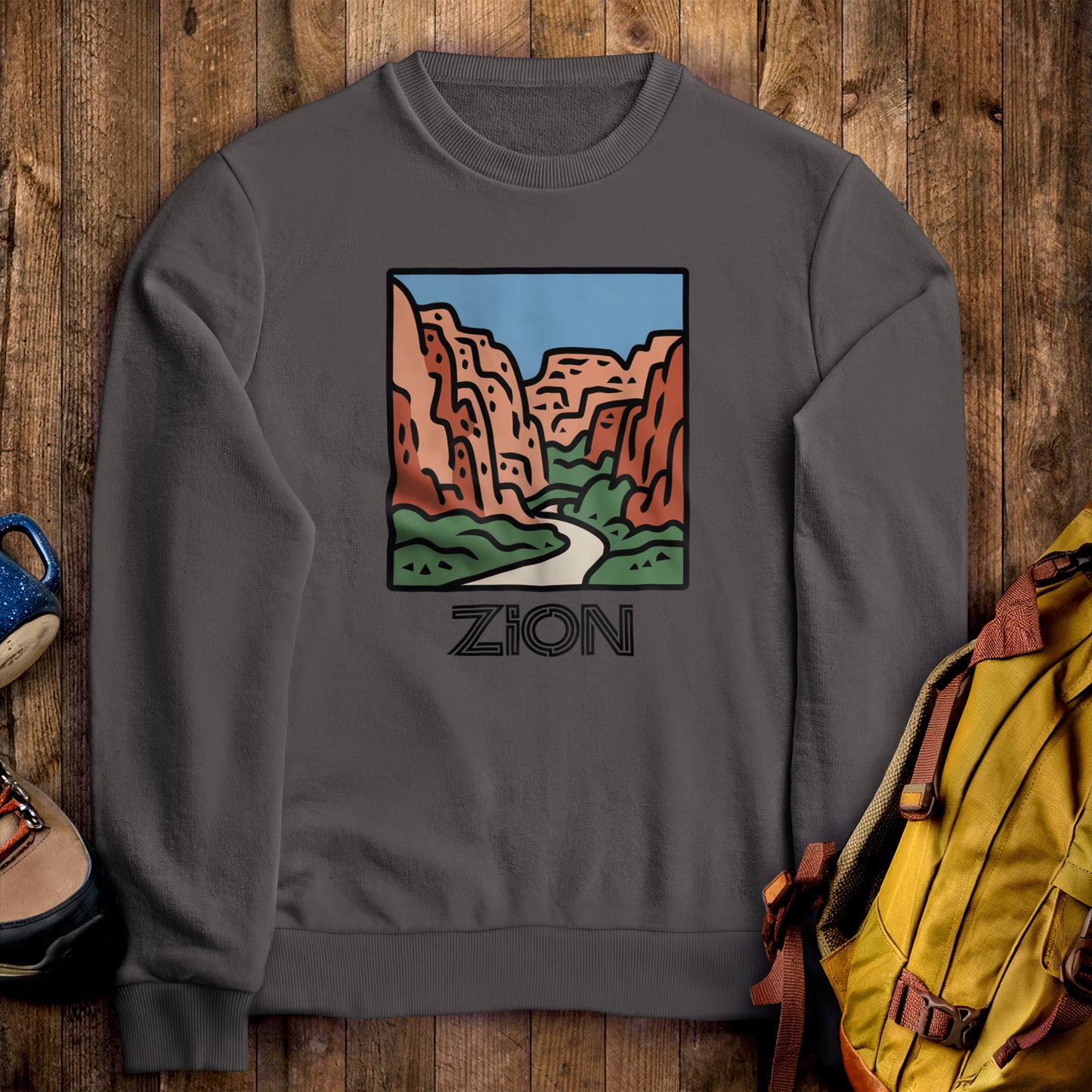 Zion National Park Crewneck Sweatshirt Charcoal Adventure and Outdoors Themed Sweatshirt