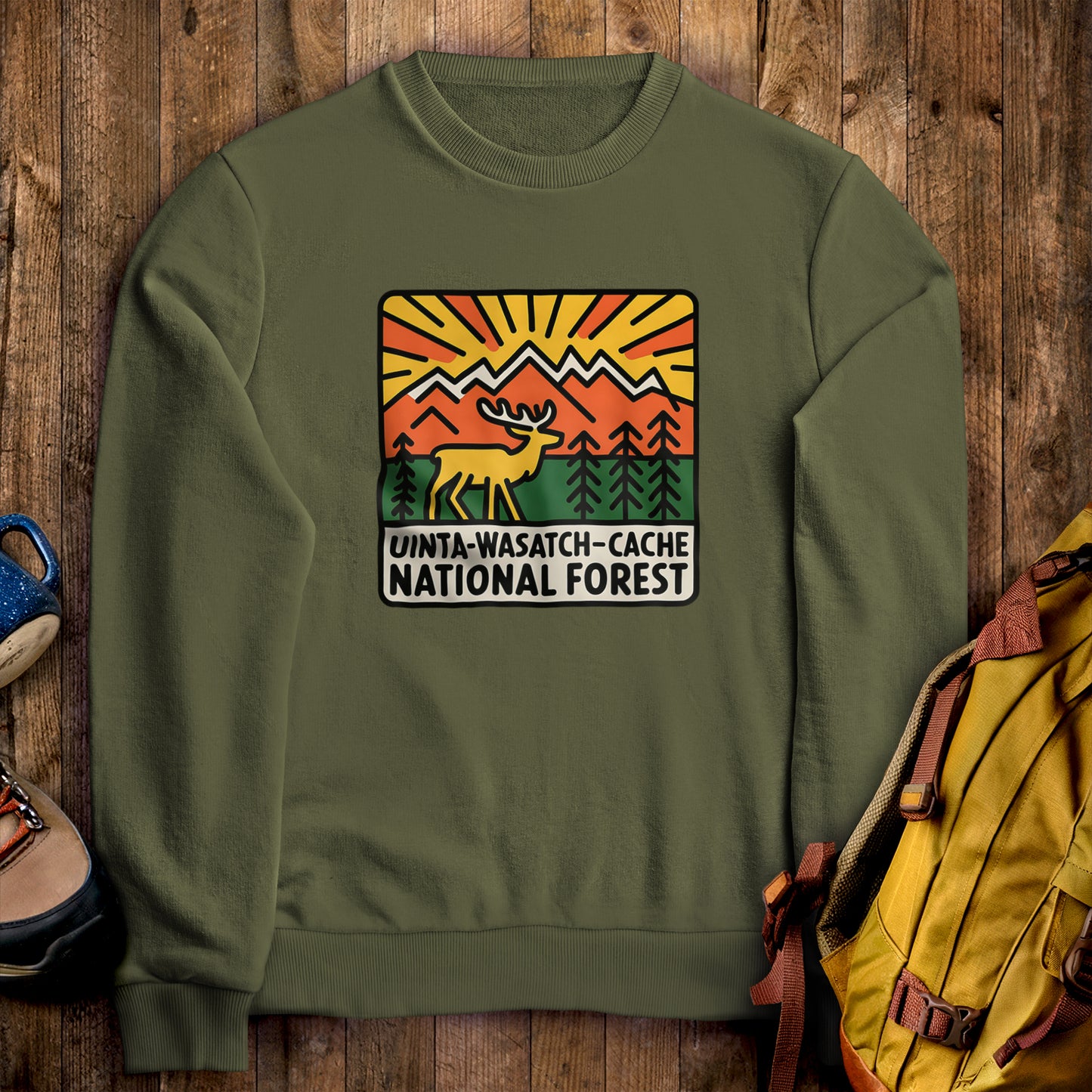 Uinta-Wasatch-Cache National Forest Crewneck Sweatshirt Military Green Adventure and Outdoors Themed Sweatshirt