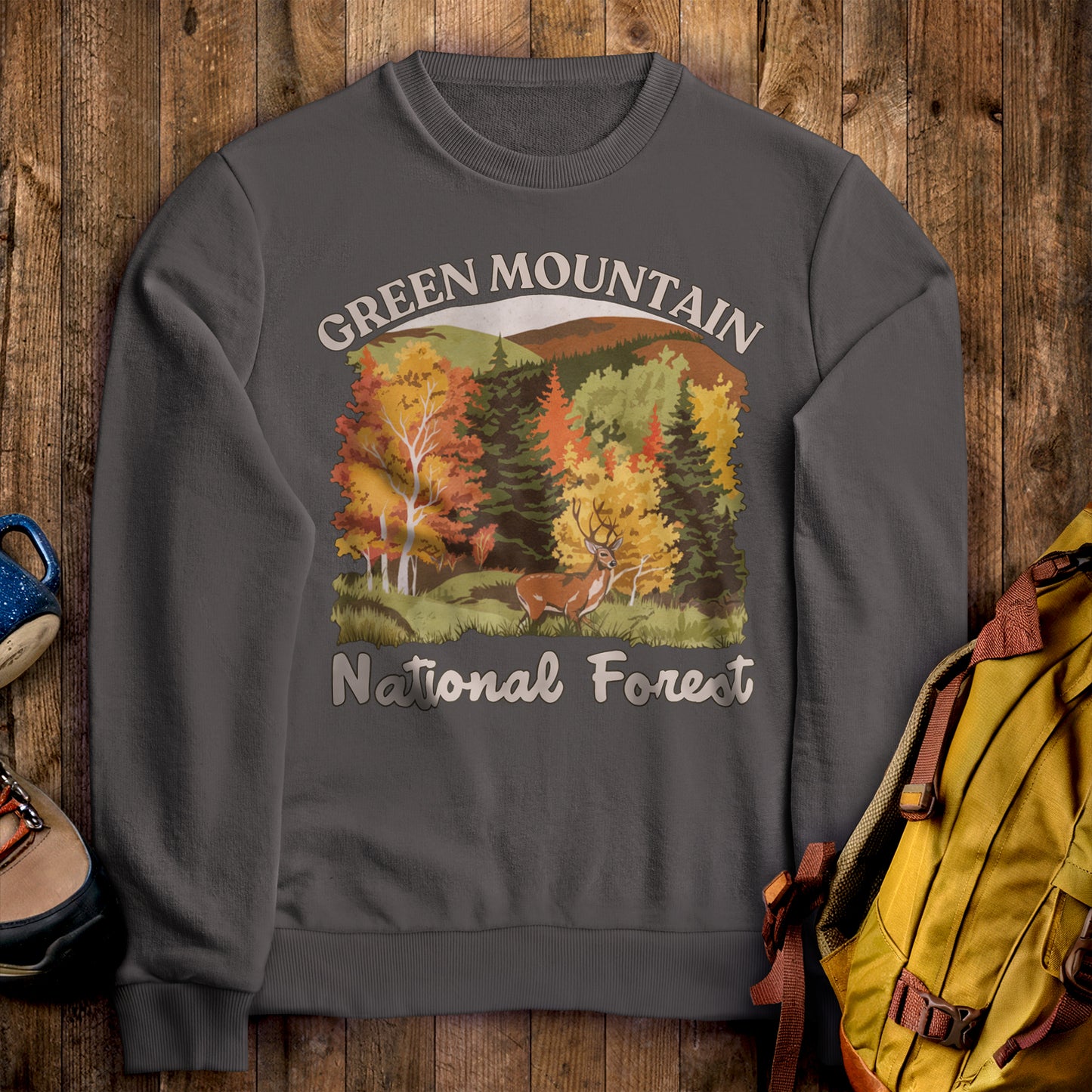 Green Mountain National Forest Crewneck Sweatshirt Charcoal Adventure and Outdoors Themed Sweatshirt