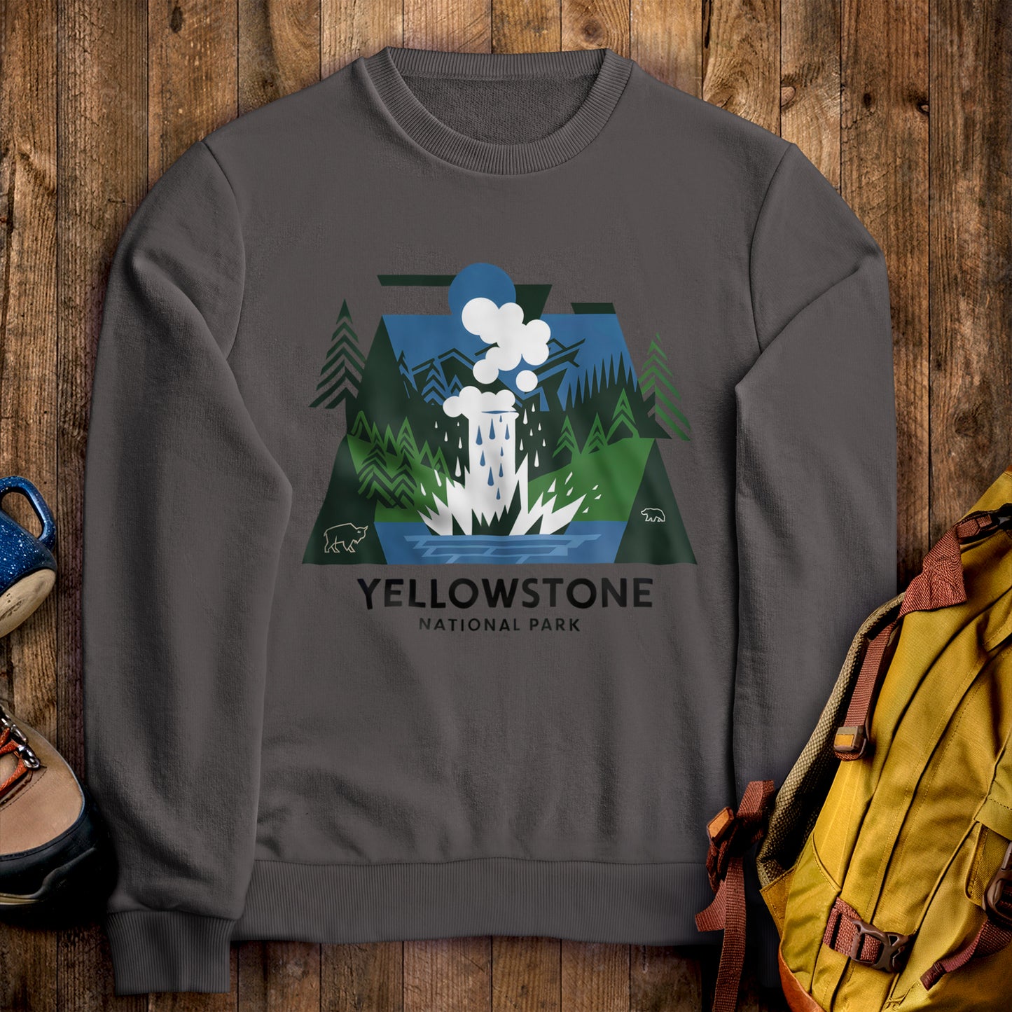 Yellowstone National Park Crewneck Sweatshirt Charcoal Adventure and Outdoors Themed Sweatshirt