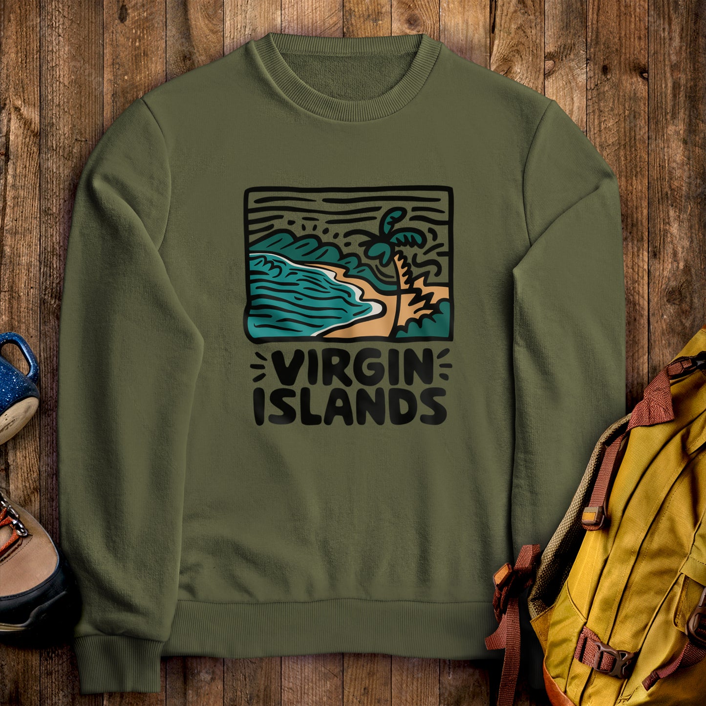 Virgin Islands National Park Crewneck Sweatshirt Military Green Adventure and Outdoors Themed Sweatshirt