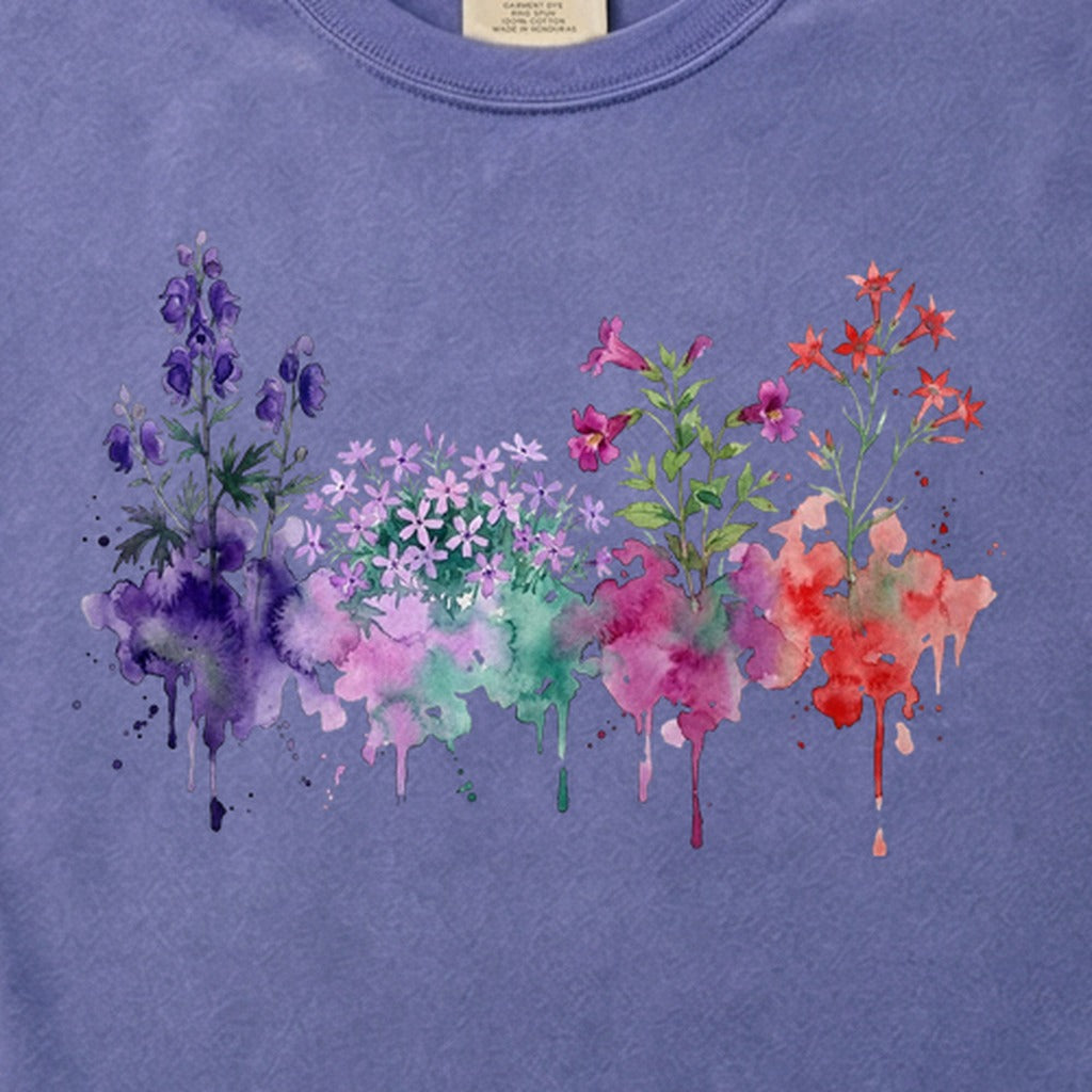 Watercolor Crater Lake Wildflowers Cotton T-Shirt