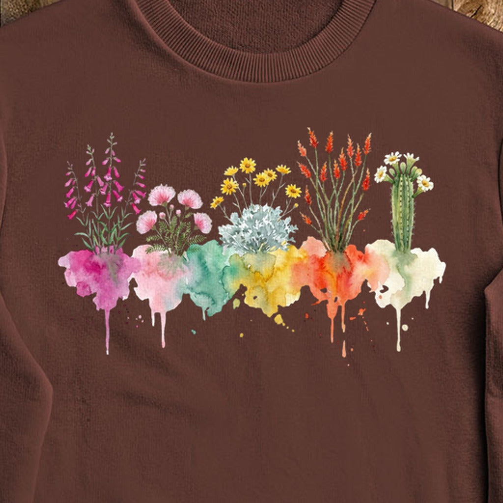 Watercolor Saguaro Wildflowers Crewneck Sweatshirt
