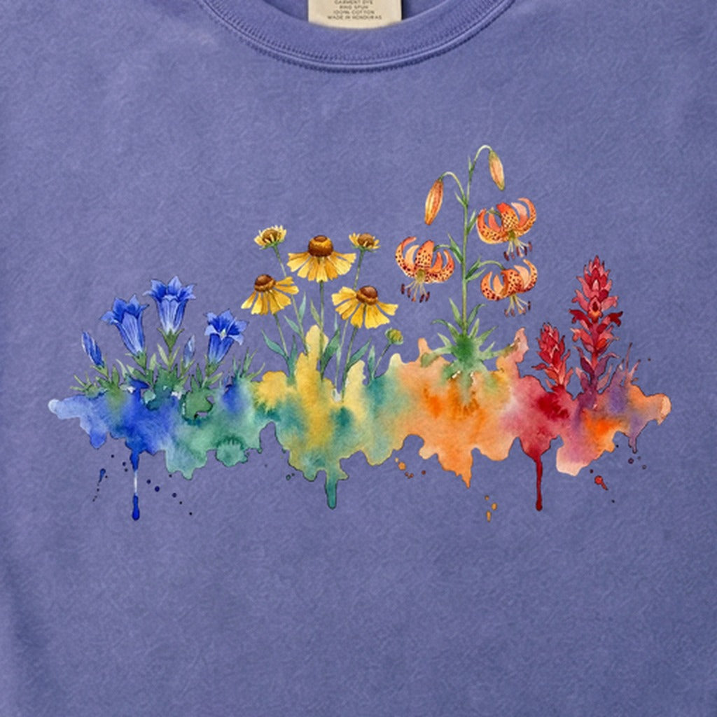 Watercolor Sequoia Wildflowers Cotton T-Shirt