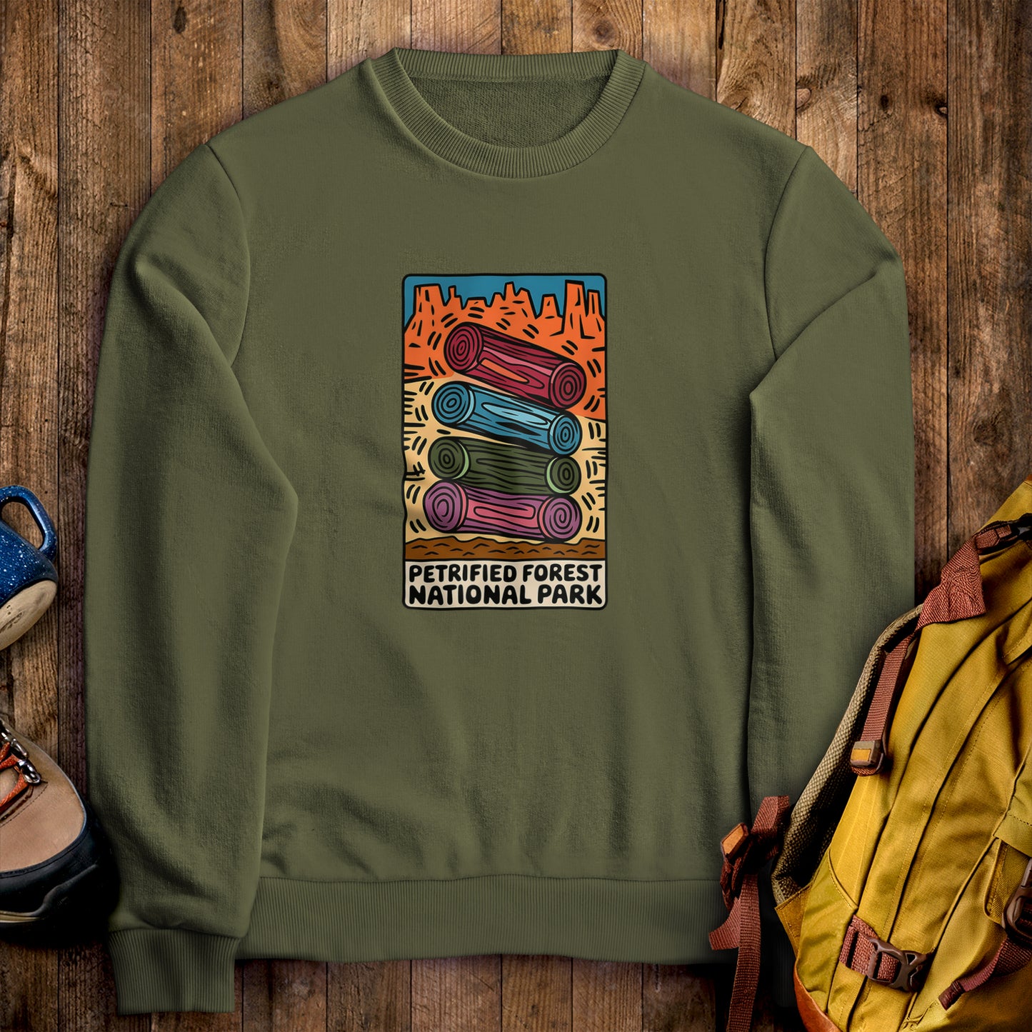 Petrified Forest National Park Logs Crewneck Sweatshirt Military Green Adventure and Outdoors Themed Sweatshirt