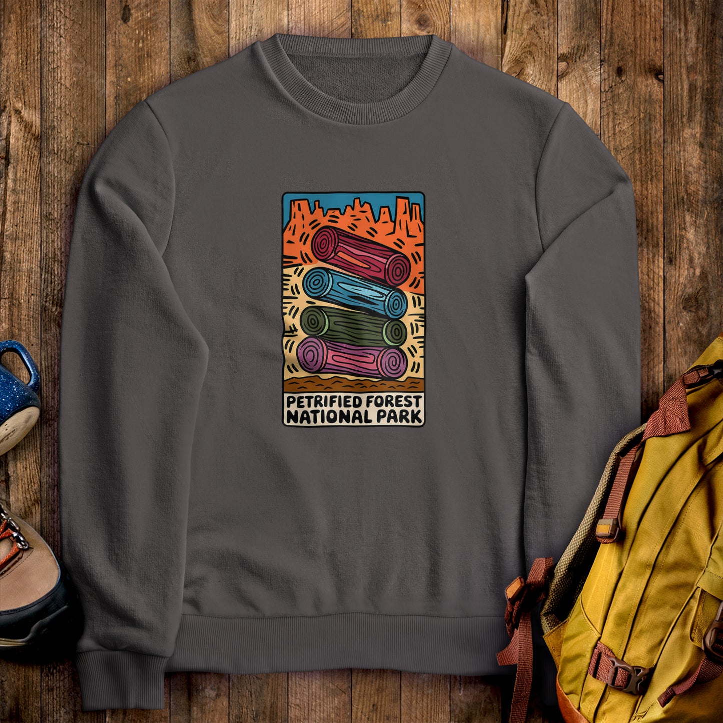 Petrified Forest National Park Logs Crewneck Sweatshirt Charcoal Adventure and Outdoors Themed Sweatshirt