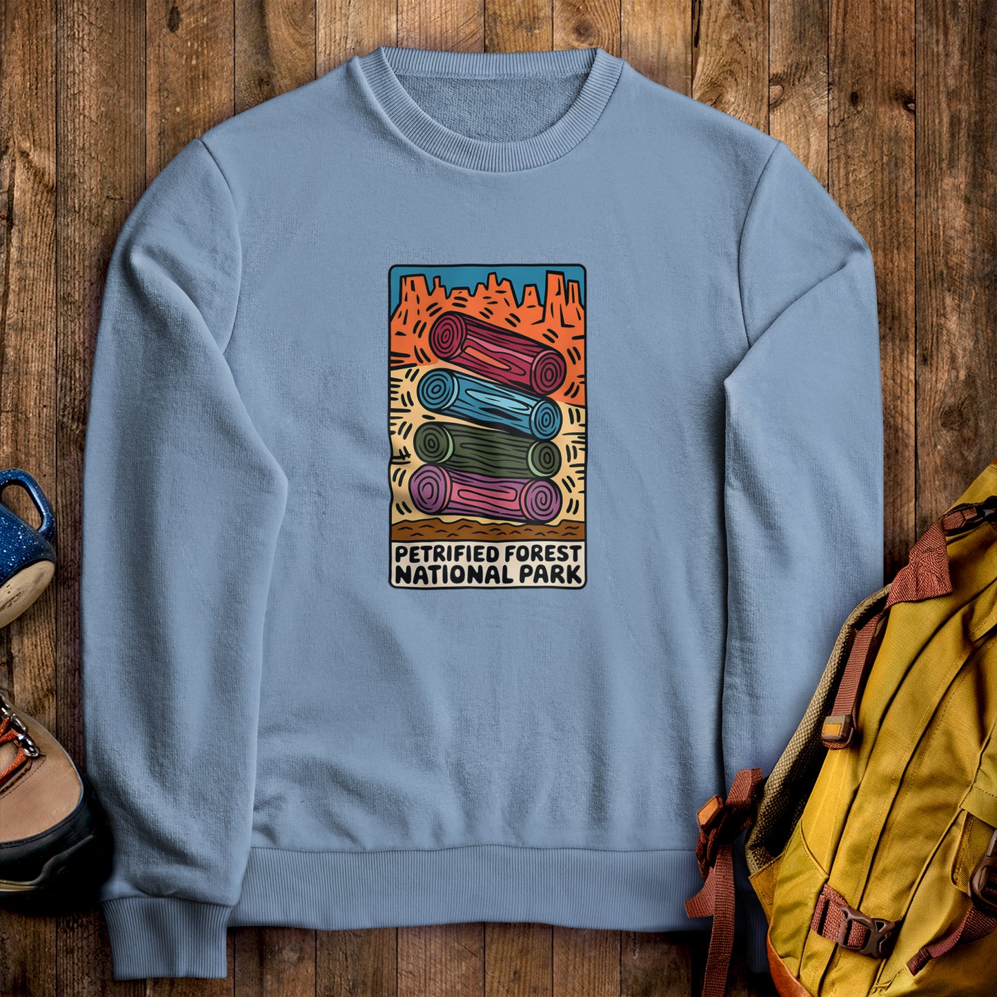 Petrified Forest National Park Logs Crewneck Sweatshirt Stone Blue Adventure and Outdoors Themed Sweatshirt