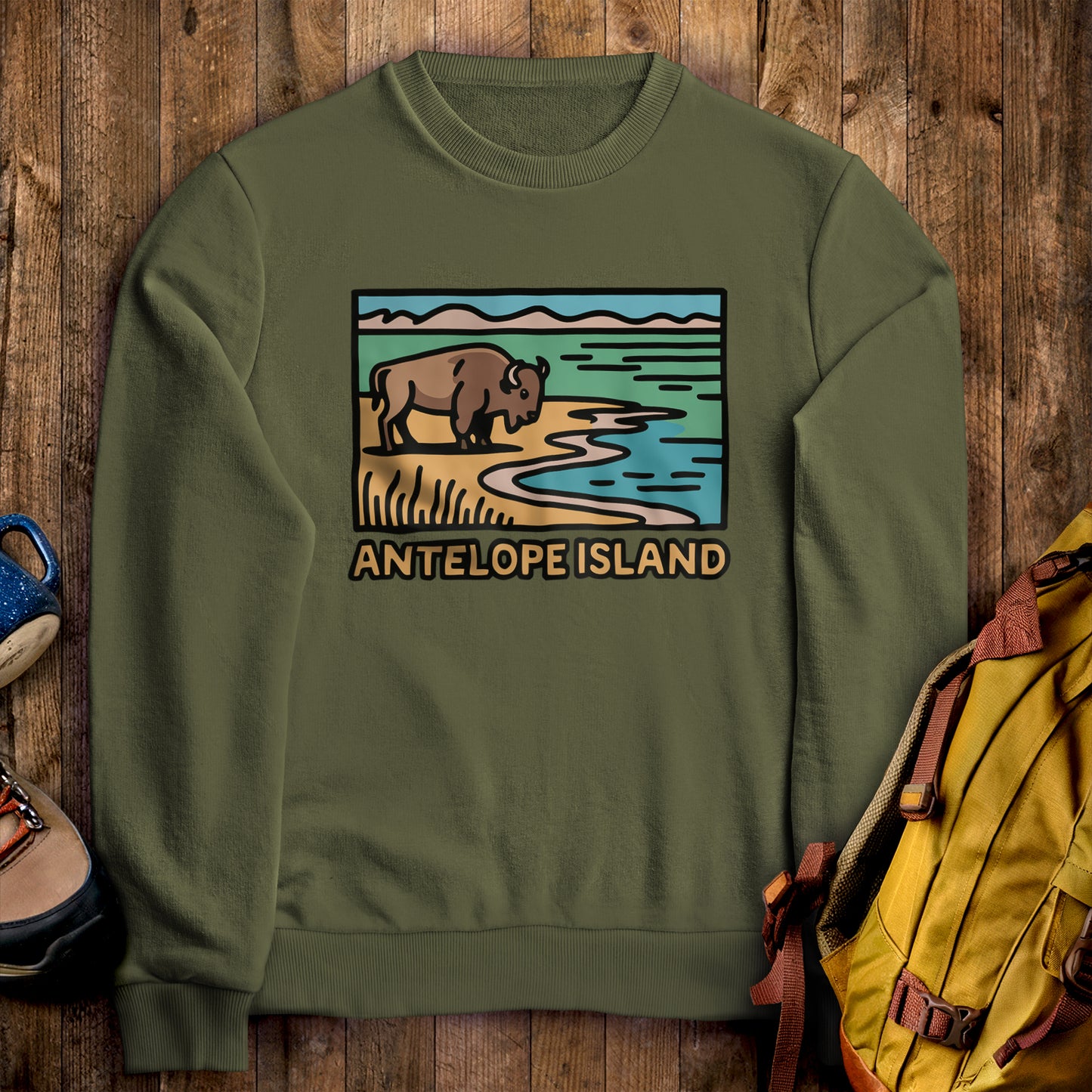Antelope Island State Park Crewneck Sweatshirt Military Green Adventure and Outdoors Themed Sweatshirt