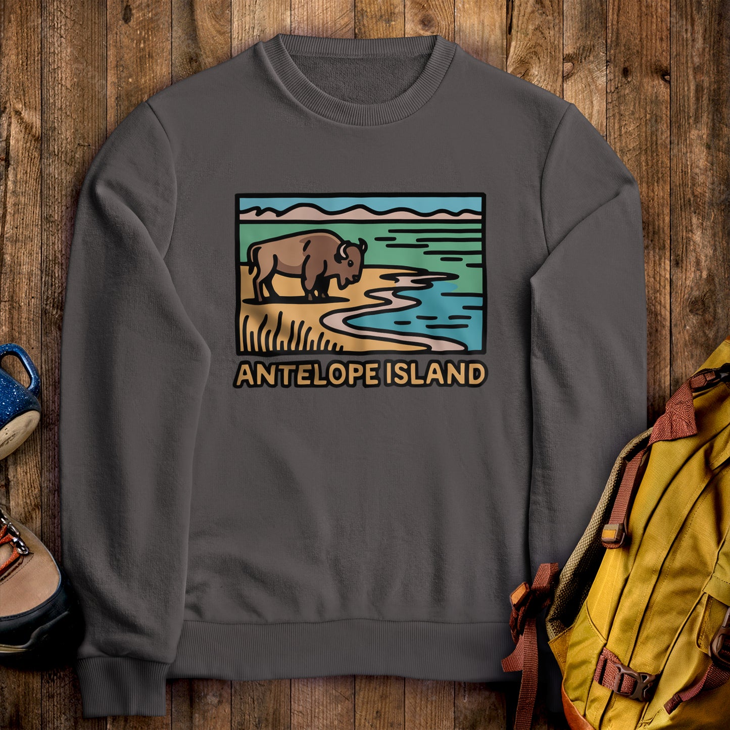 Antelope Island State Park Crewneck Sweatshirt Charcoal Adventure and Outdoors Themed Sweatshirt