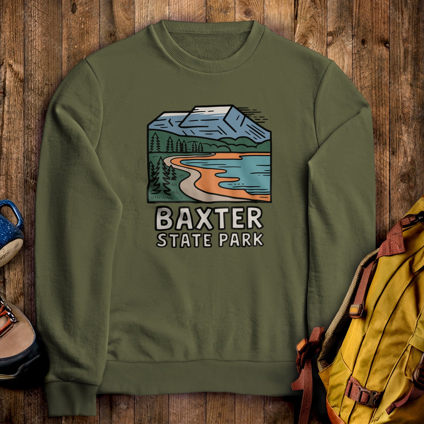 Baxter State Park Crewneck Sweatshirt Military Green Adventure and Outdoors Themed Sweatshirt