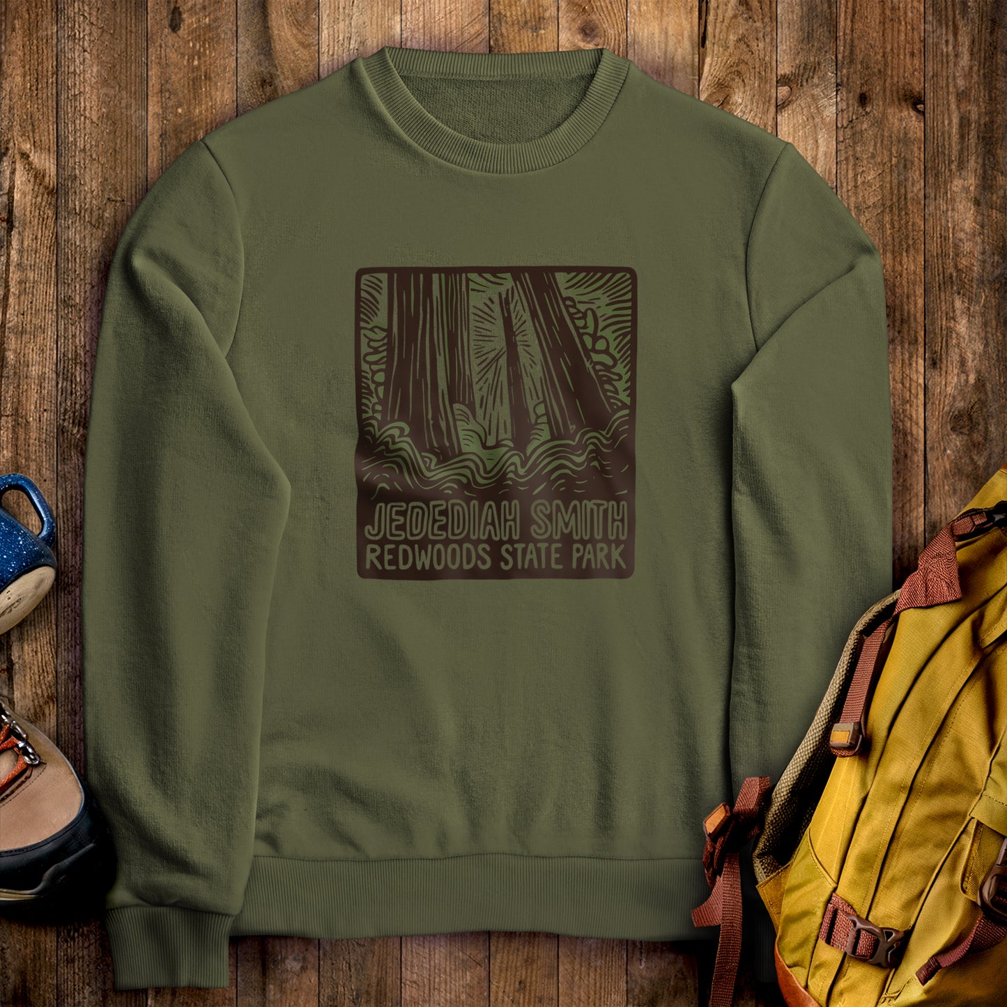 Jedediah Smith Redwoods State Park Crewneck Sweatshirt Military Green Adventure and Outdoors Themed Sweatshirt