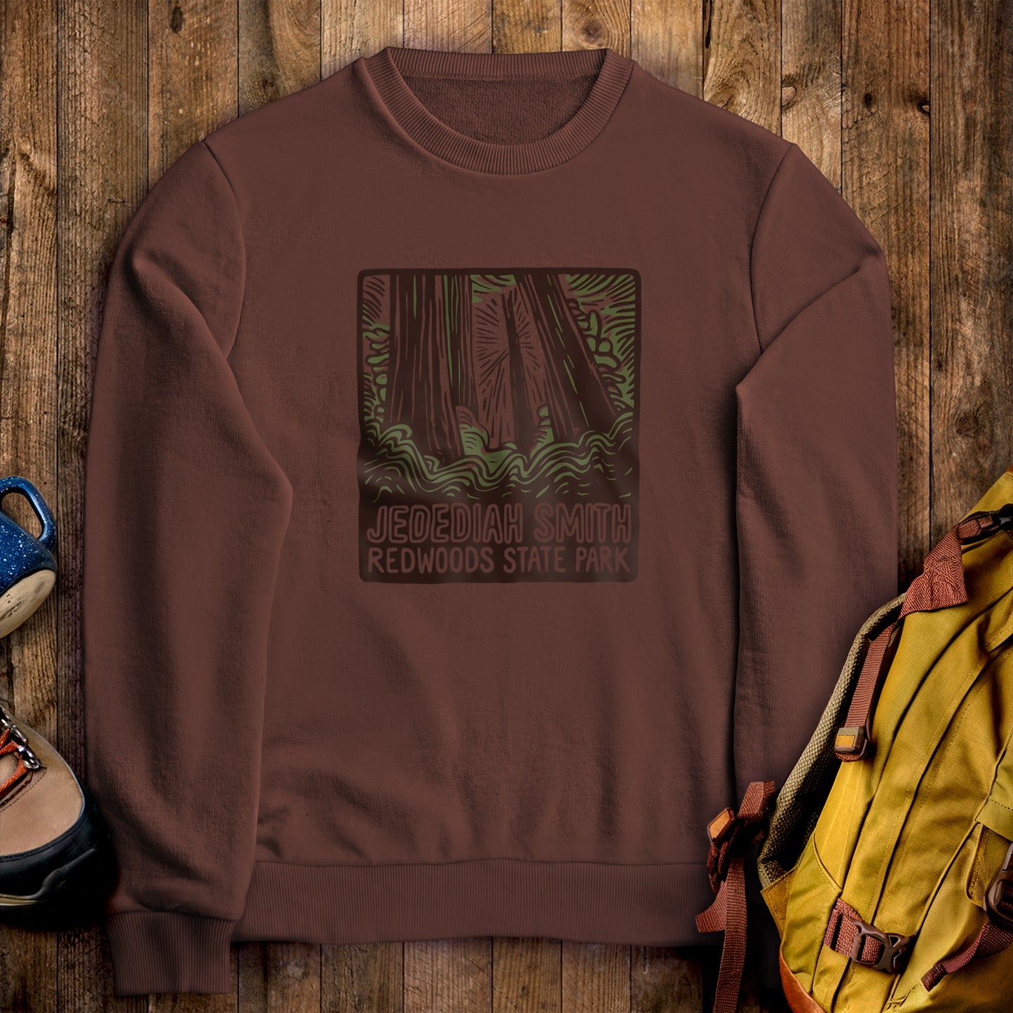 Jedediah Smith Redwoods State Park Crewneck Sweatshirt Cocoa Adventure and Outdoors Themed Sweatshirt