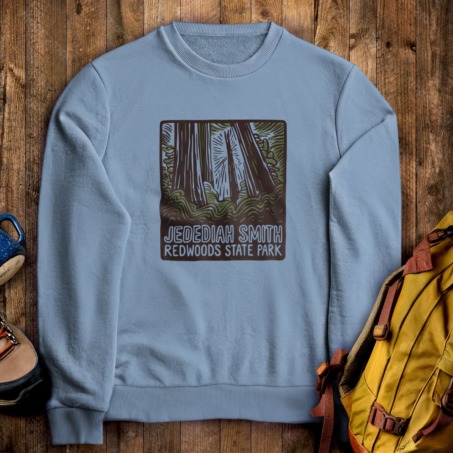 Jedediah Smith Redwoods State Park Crewneck Sweatshirt Stone Blue Adventure and Outdoors Themed Sweatshirt