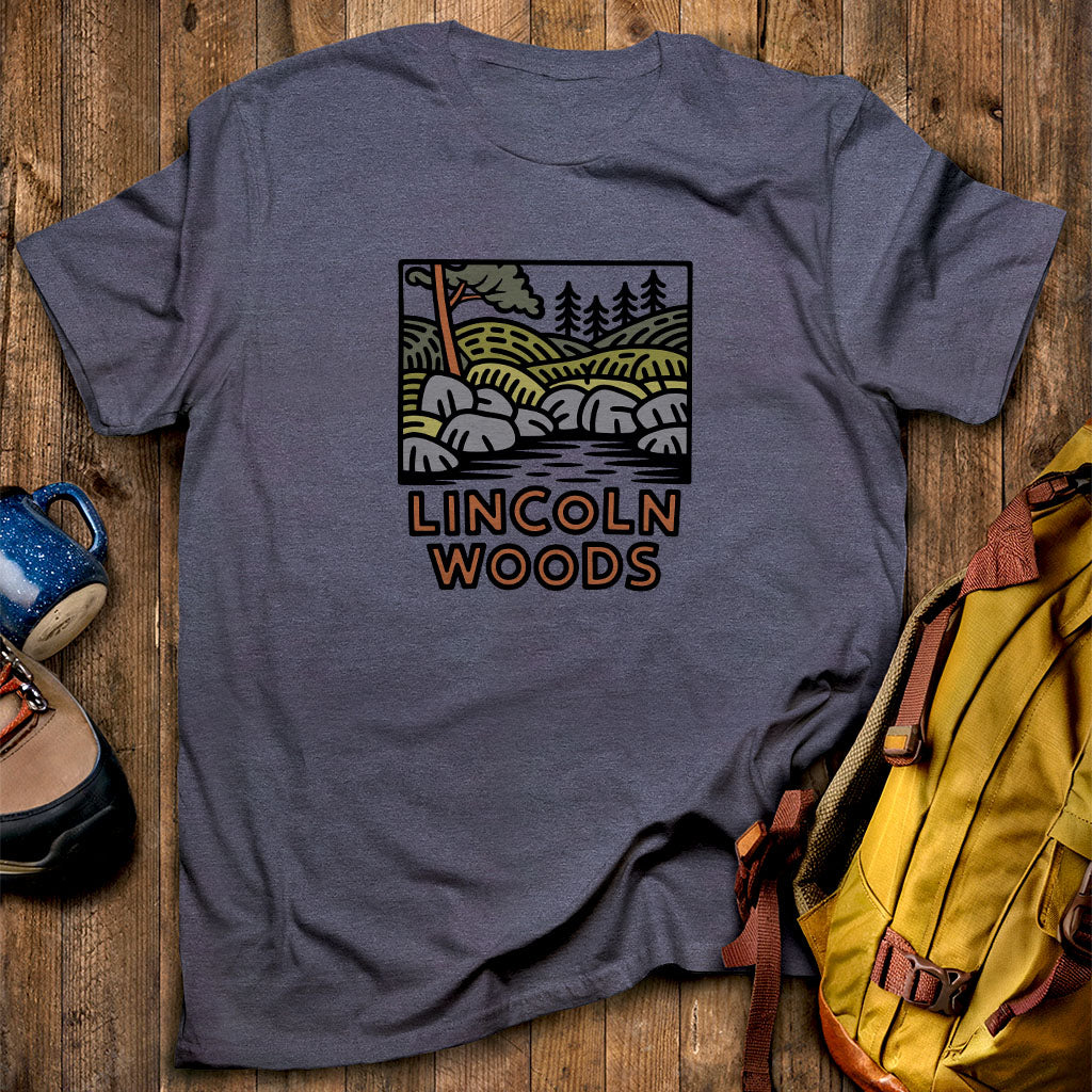 Lincoln Woods T-Shirt Heather Navy Adventure and Outdoors Themed T-Shirt