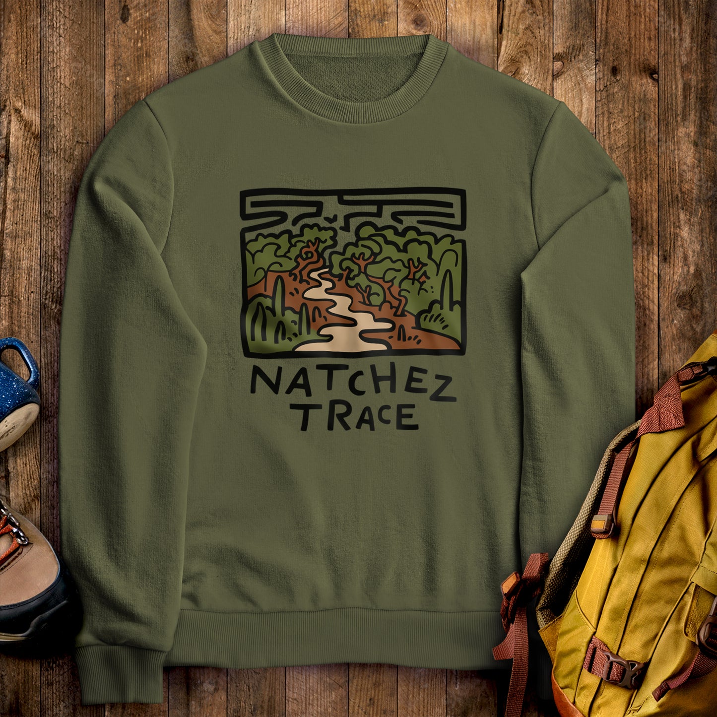 Natchez Trace Crewneck Sweatshirt Military Green Adventure and Outdoors Themed Sweatshirt