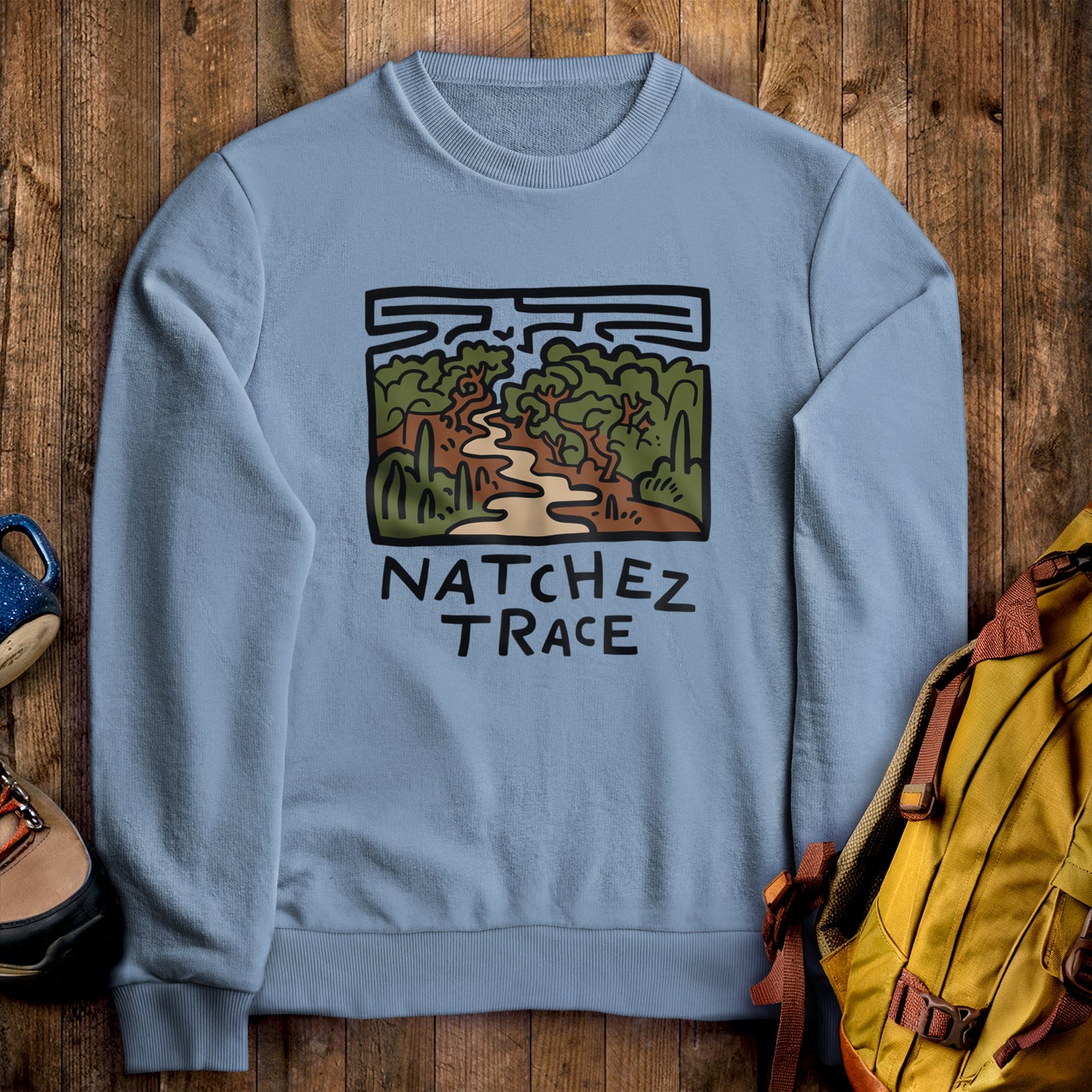 Natchez Trace Crewneck Sweatshirt Stone Blue Adventure and Outdoors Themed Sweatshirt