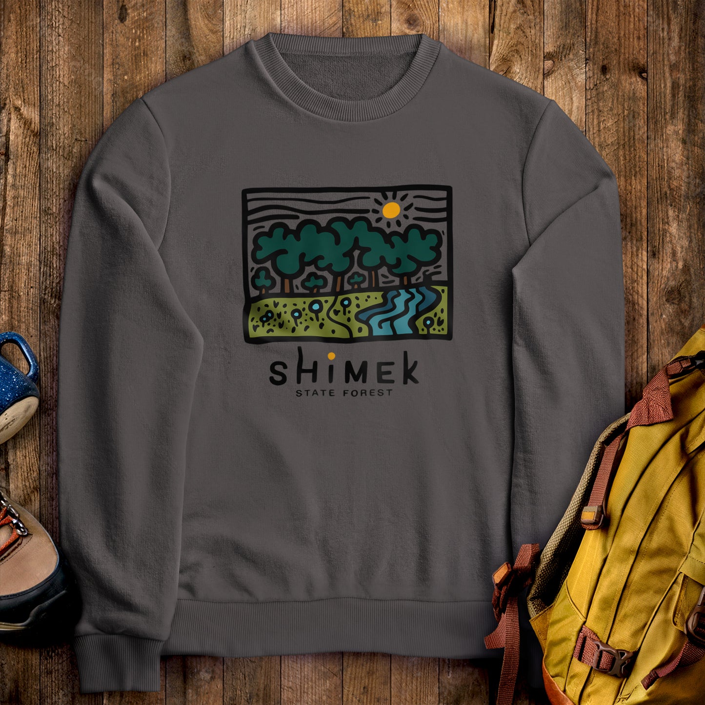 Shimek State Forest Crewneck Sweatshirt Charcoal Adventure and Outdoors Themed Sweatshirt