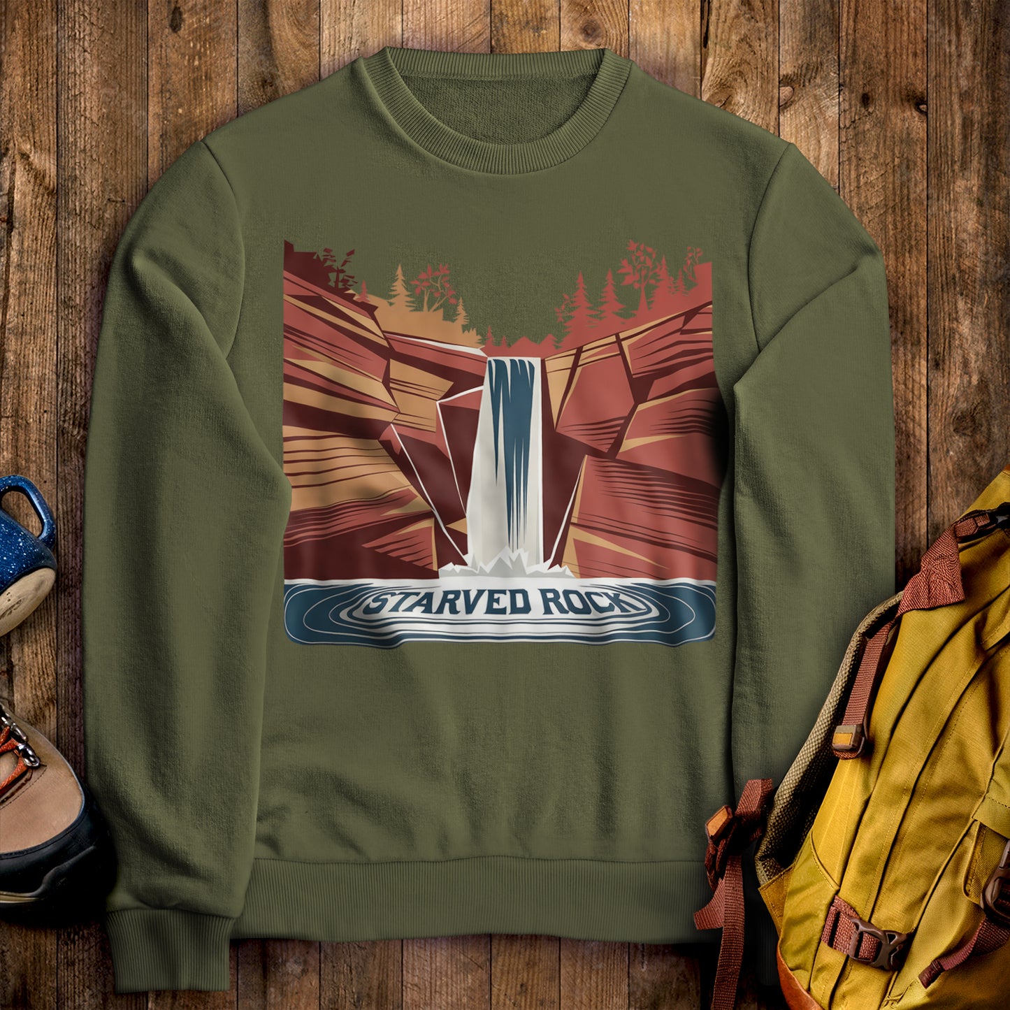Starved Rock State Park Crewneck Sweatshirt Military Green Adventure and Outdoors Themed Sweatshirt
