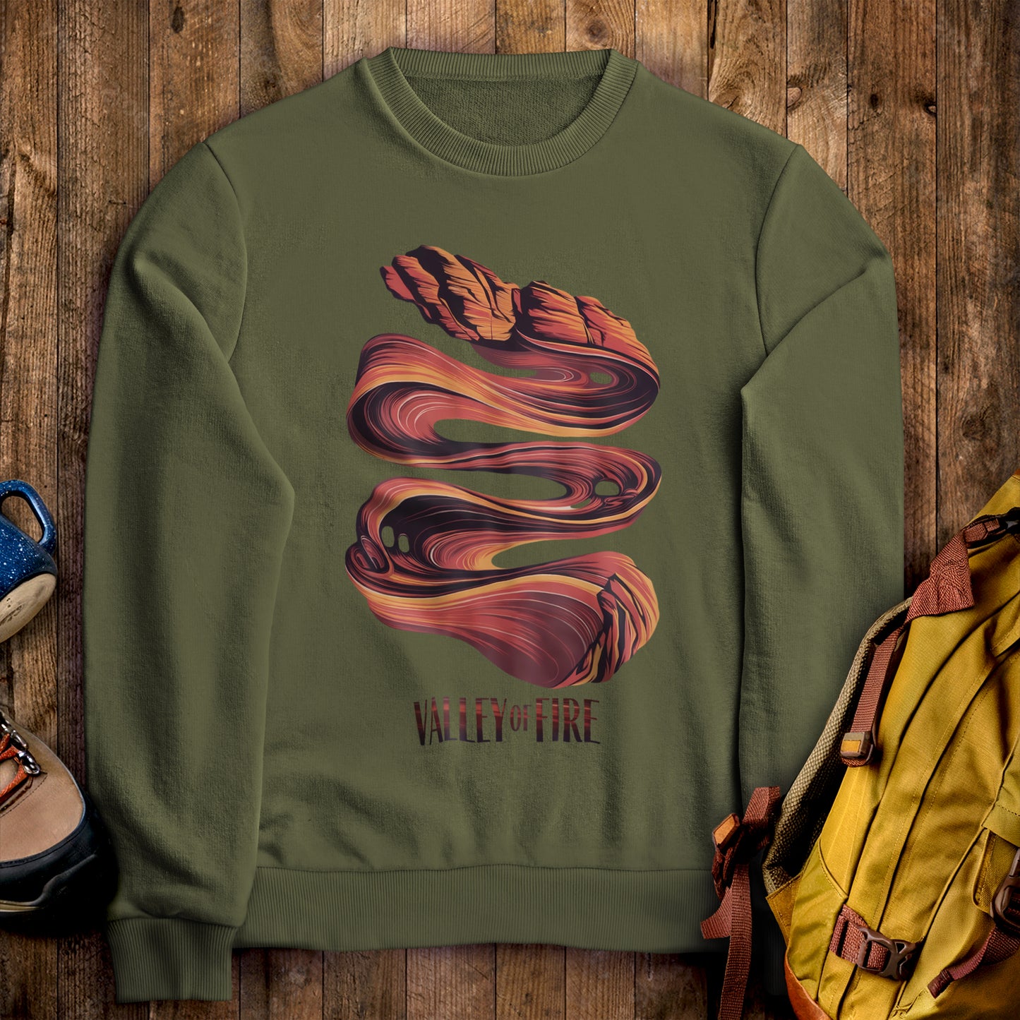 Valley of Fire State Park Crewneck Sweatshirt Military Green Adventure and Outdoors Themed Sweatshirt