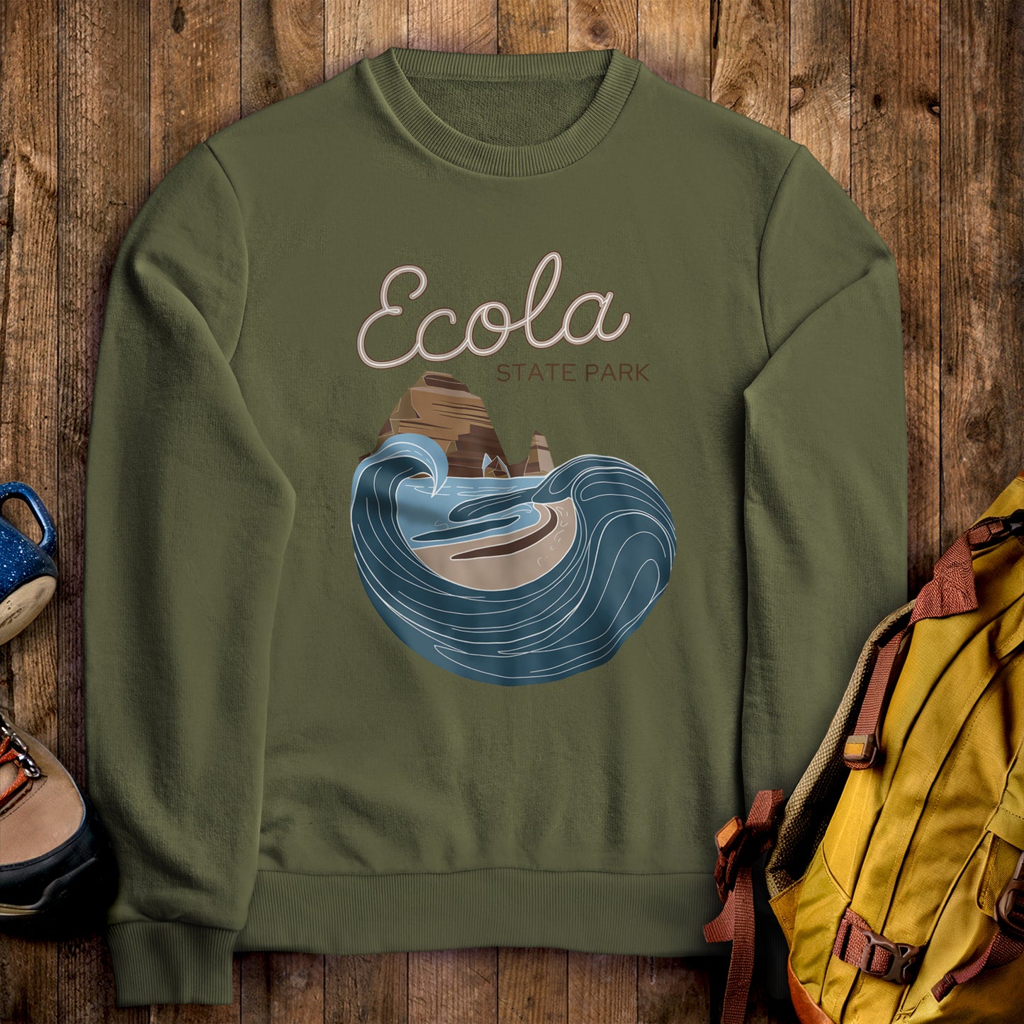 Ecola State Park Crewneck Sweatshirt Military Green Adventure and Outdoors Themed Sweatshirt