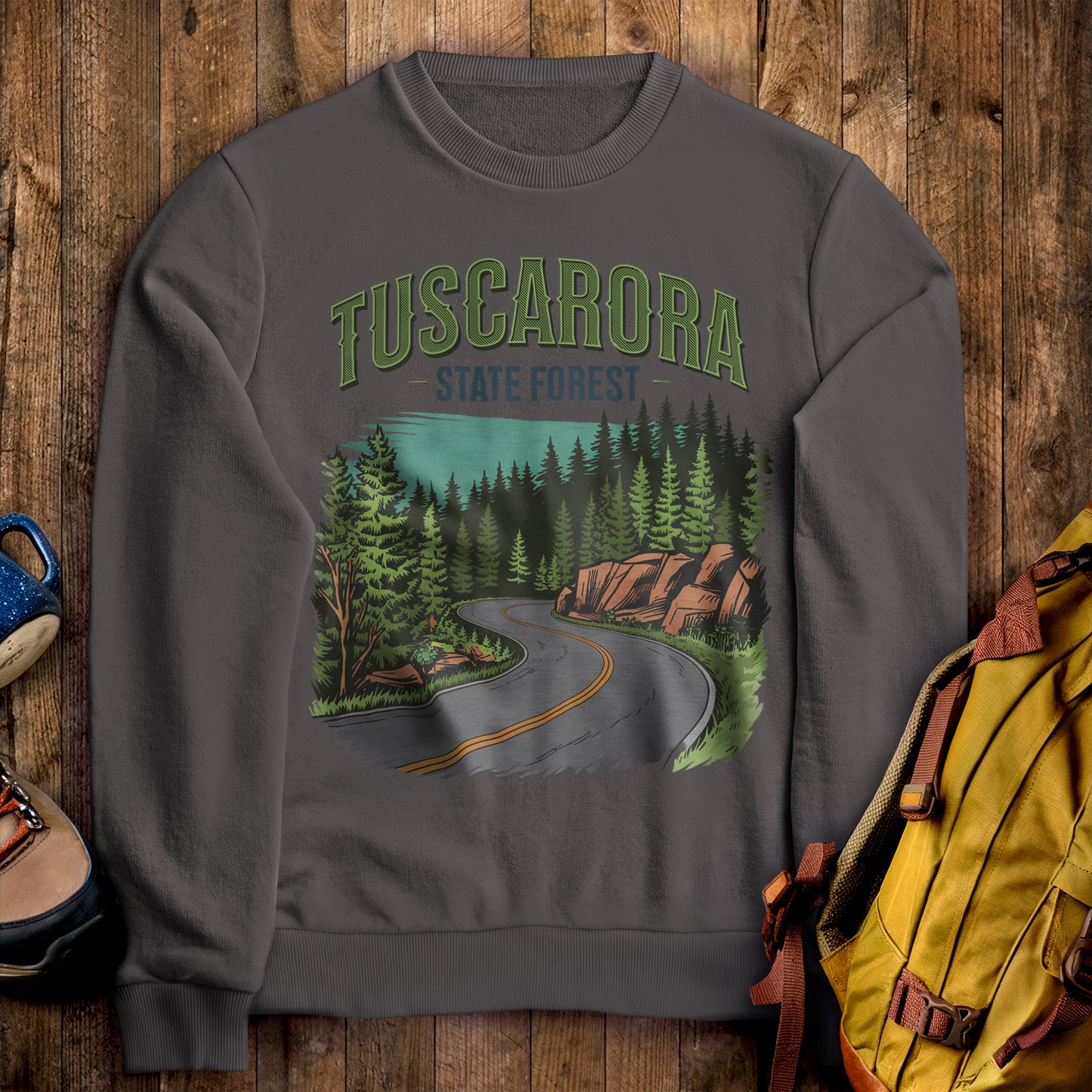 Tuscarora State Forest Crewneck Sweatshirt Charcoal Adventure and Outdoors Themed Sweatshirt
