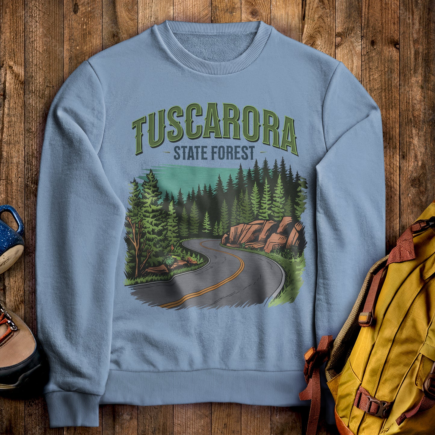Tuscarora State Forest Crewneck Sweatshirt Stone Blue Adventure and Outdoors Themed Sweatshirt