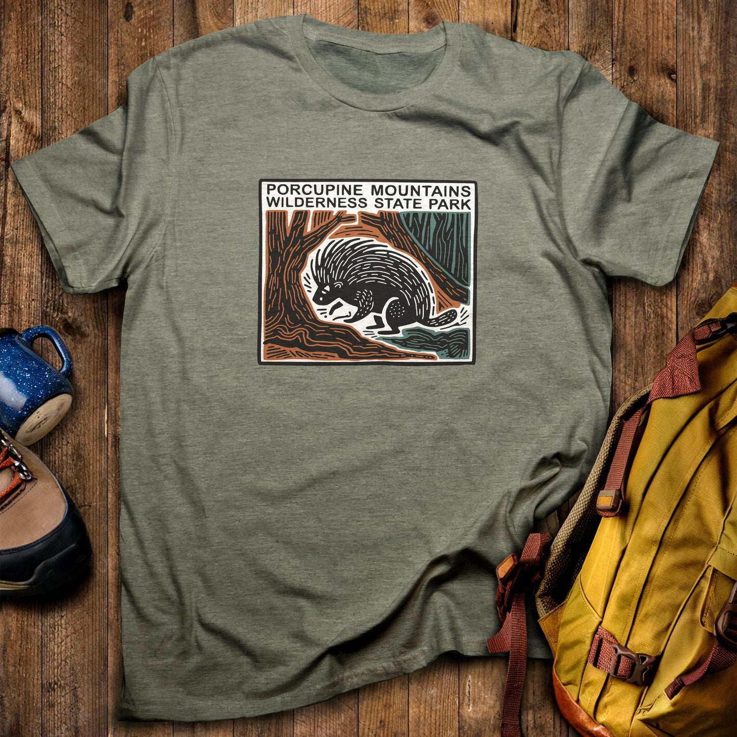 Porcupine Mountains Wilderness State Park T-Shirt Heather Military Green Adventure and Outdoors Themed T-Shirt