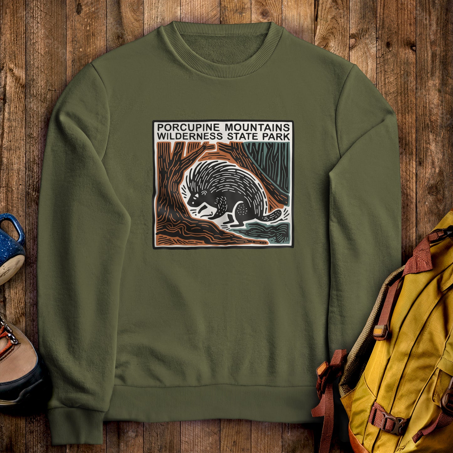 Porcupine Mountains Wilderness State Park Crewneck Sweatshirt Military Green Adventure and Outdoors Themed Sweatshirt