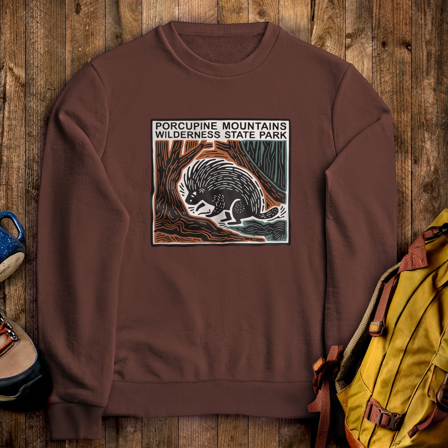 Porcupine Mountains Wilderness State Park Crewneck Sweatshirt Cocoa Adventure and Outdoors Themed Sweatshirt