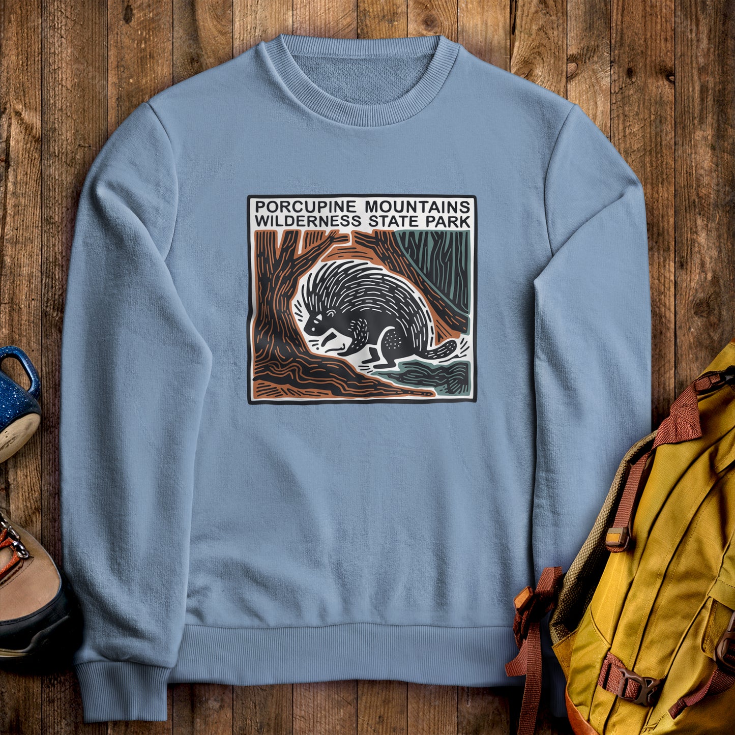 Porcupine Mountains Wilderness State Park Crewneck Sweatshirt Stone Blue Adventure and Outdoors Themed Sweatshirt