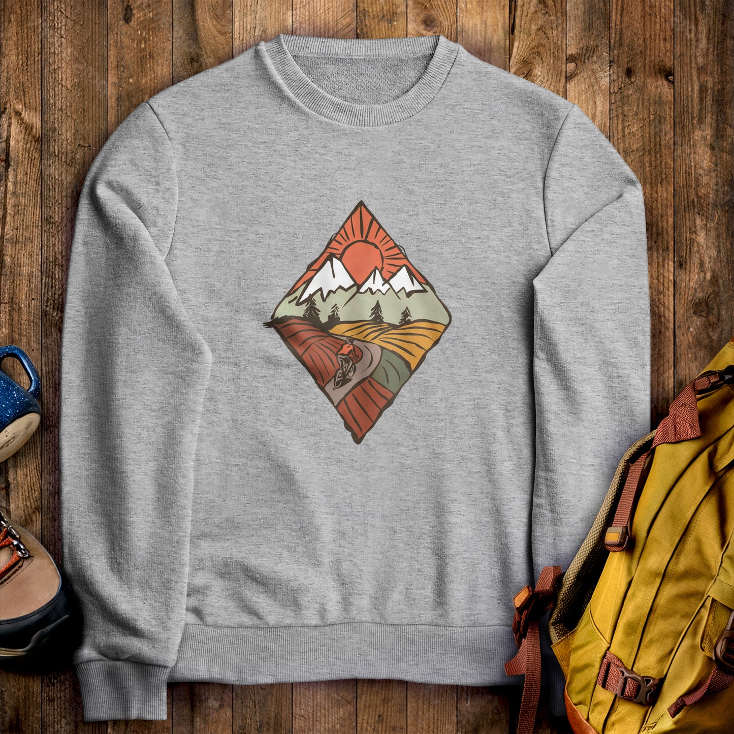 Pedal to the Peaks Bicyling Crewneck Sweatshirt Sport Grey Adventure and Outdoors Themed Sweatshirt