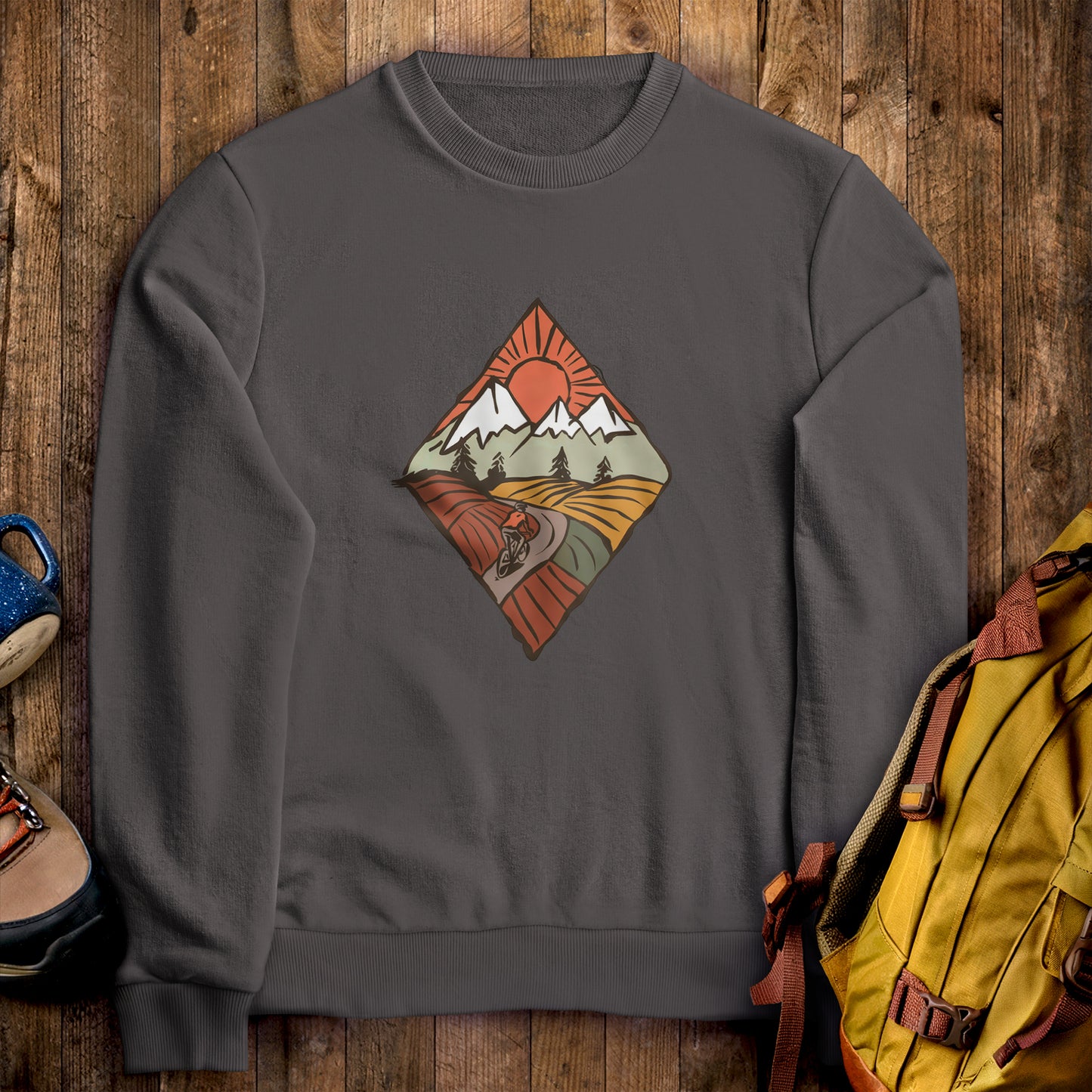 Pedal to the Peaks Bicyling Crewneck Sweatshirt Charcoal Adventure and Outdoors Themed Sweatshirt