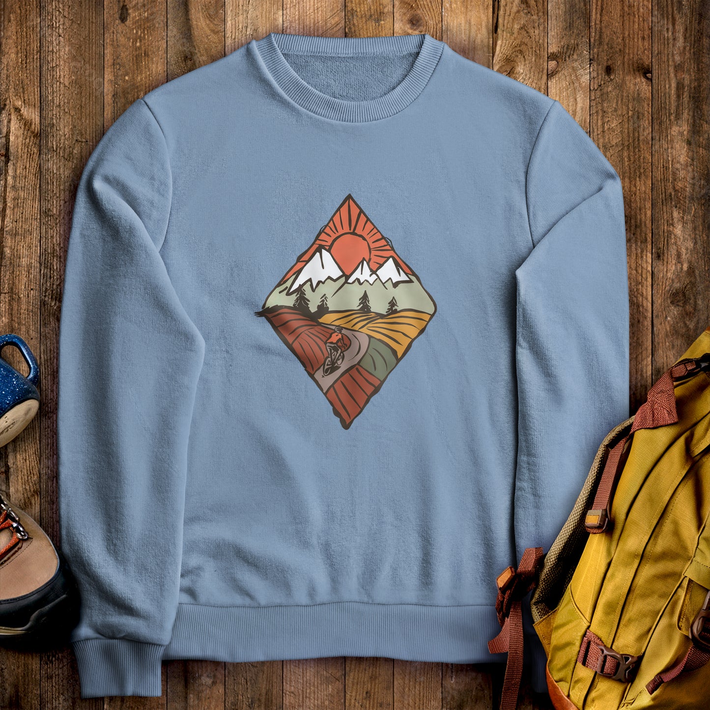 Pedal to the Peaks Bicyling Crewneck Sweatshirt Stone Blue Adventure and Outdoors Themed Sweatshirt