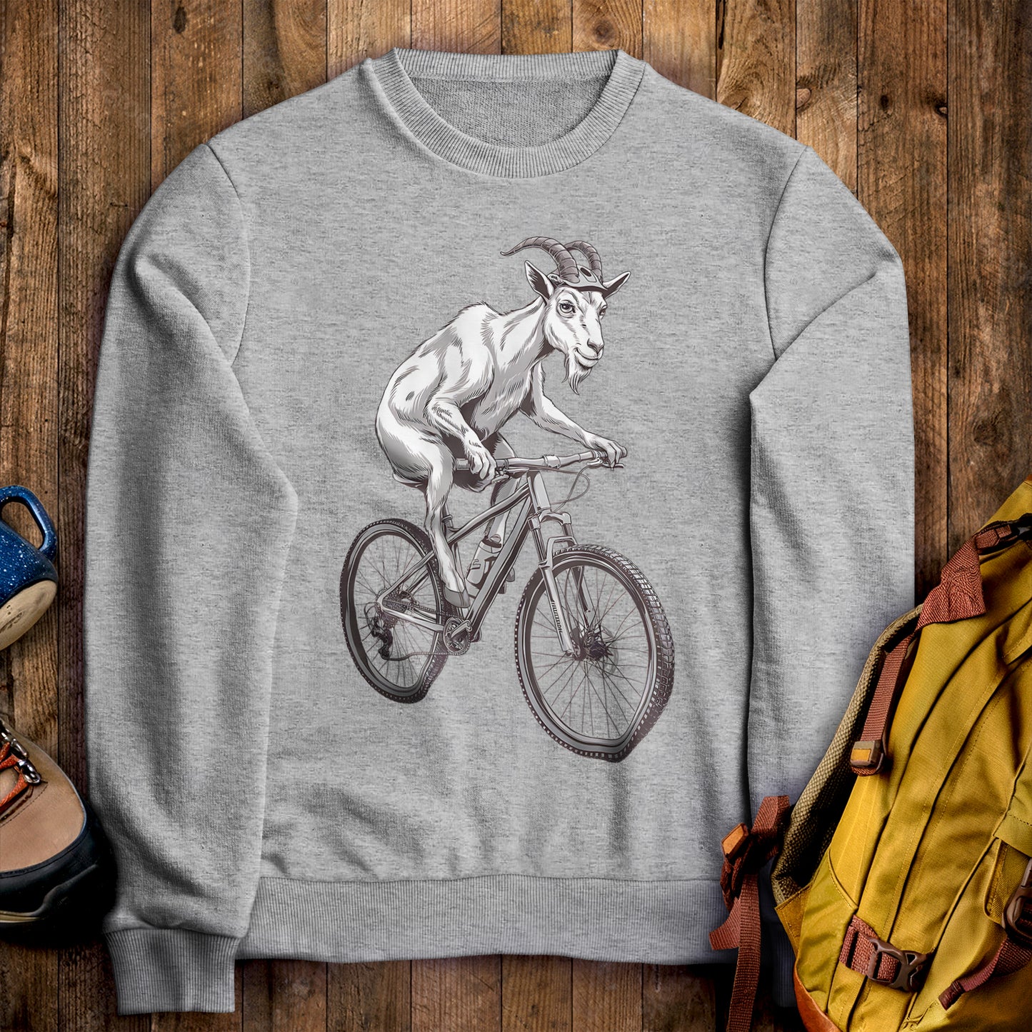 Mountain Goat on a Bike Crewneck Sweatshirt Sport Grey Adventure and Outdoors Themed Sweatshirt