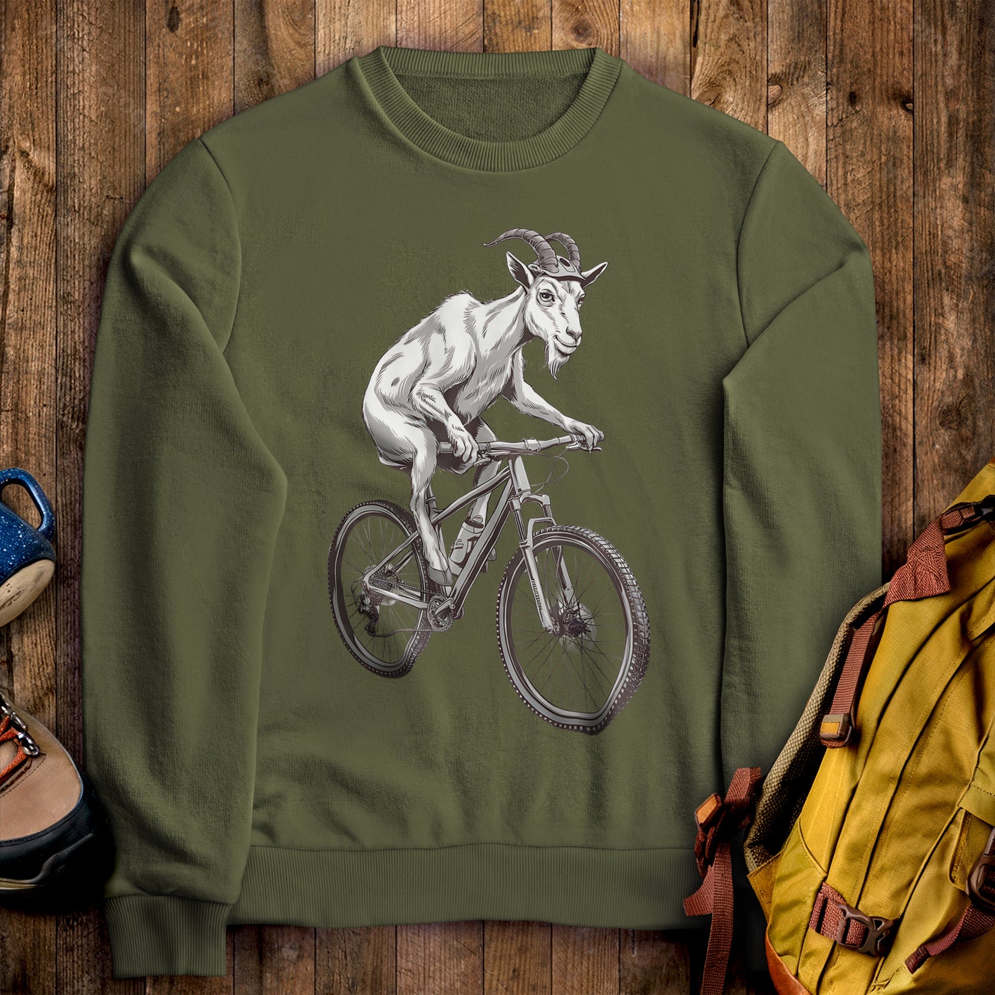 Mountain Goat on a Bike Crewneck Sweatshirt Military Green Adventure and Outdoors Themed Sweatshirt