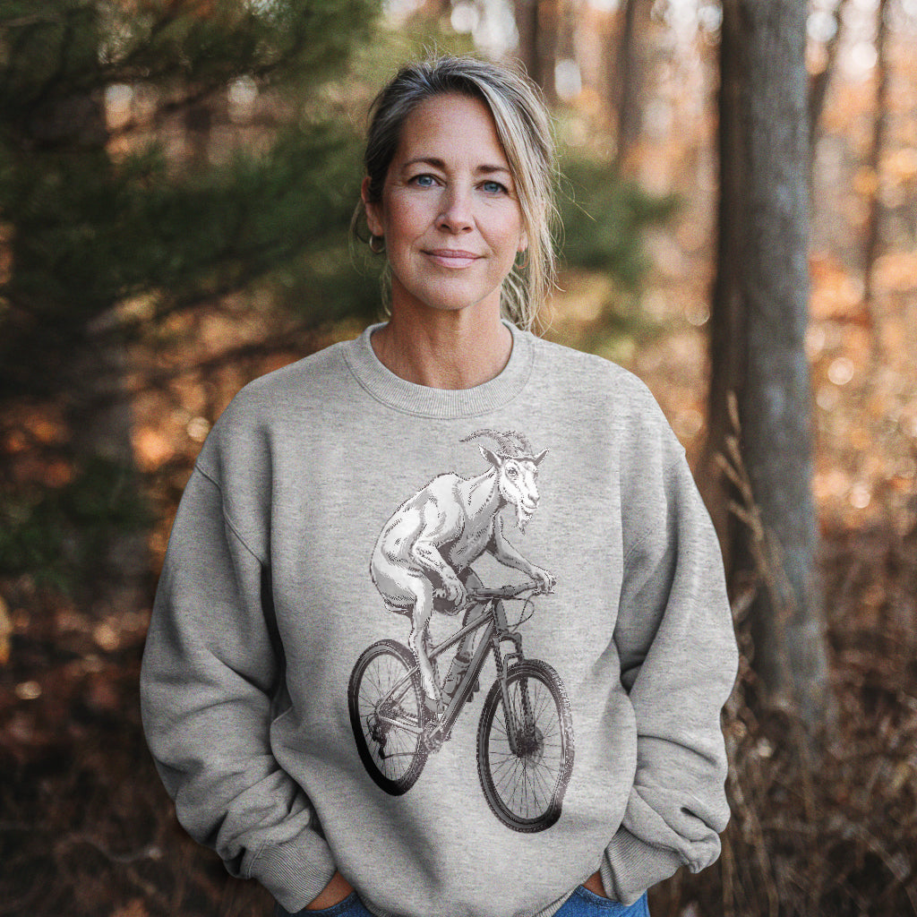 Mountain Goat on a Bike Crewneck Sweatshirt Adventure and Outdoors Themed Sweatshirt