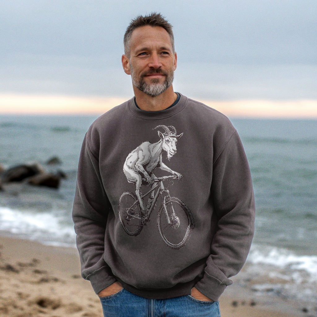 Mountain Goat on a Bike Crewneck Sweatshirt Adventure and Outdoors Themed Sweatshirt