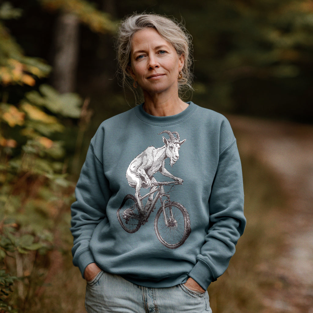 Mountain Goat on a Bike Crewneck Sweatshirt Adventure and Outdoors Themed Sweatshirt