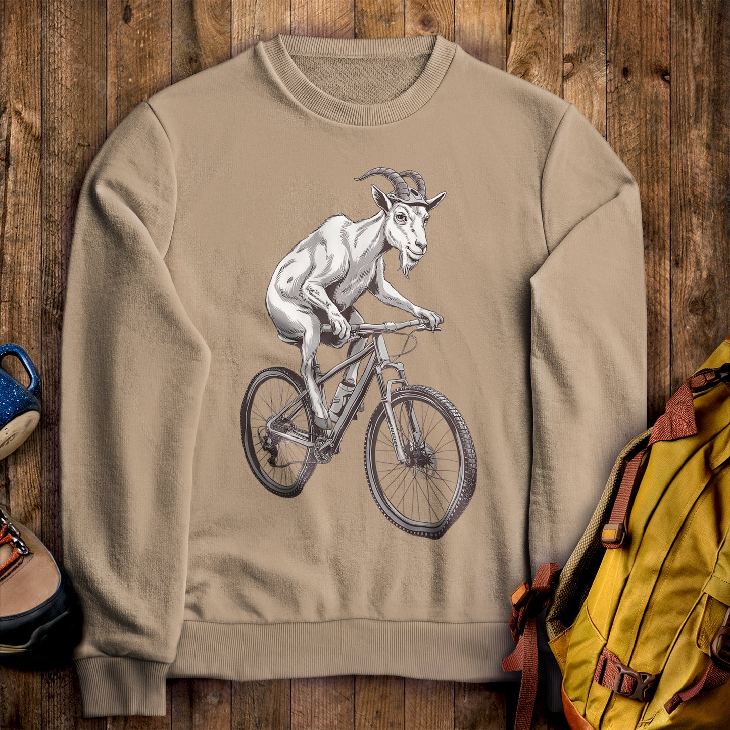 Mountain Goat on a Bike Crewneck Sweatshirt Sand Adventure and Outdoors Themed Sweatshirt