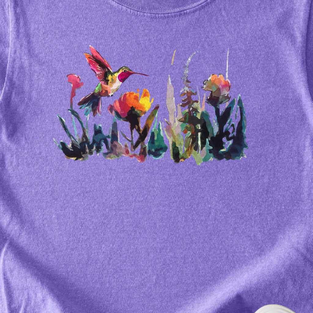 Watercolor Hummingbird with Flowers Kids Cotton T-Shirt