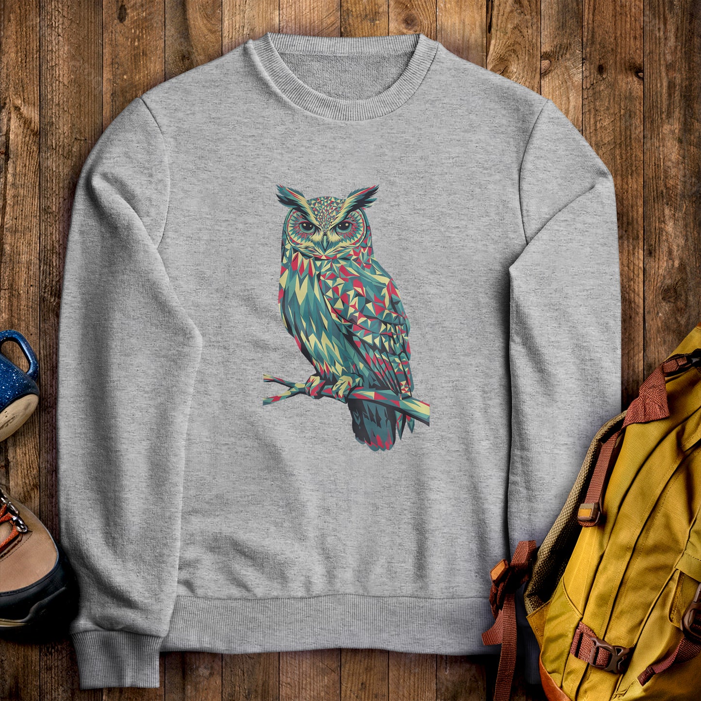 Horned Owl Mosaic Crewneck Sweatshirt Sport Grey Adventure and Outdoors Themed Sweatshirt