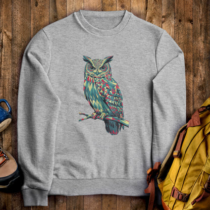 Horned Owl Mosaic Crewneck Sweatshirt Sport Grey Adventure and Outdoors Themed Sweatshirt