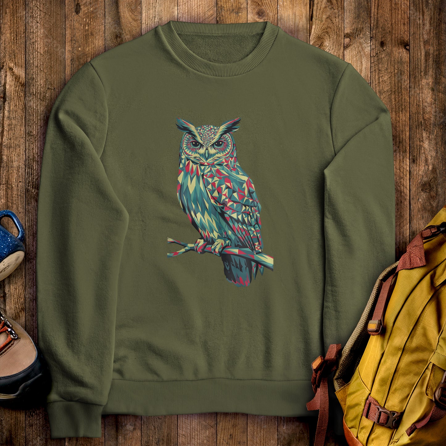 Horned Owl Mosaic Crewneck Sweatshirt Military Green Adventure and Outdoors Themed Sweatshirt