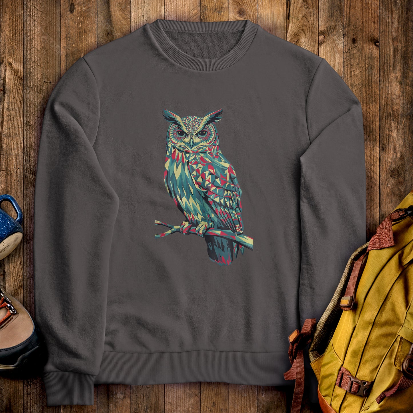 Horned Owl Mosaic Crewneck Sweatshirt Charcoal Adventure and Outdoors Themed Sweatshirt
