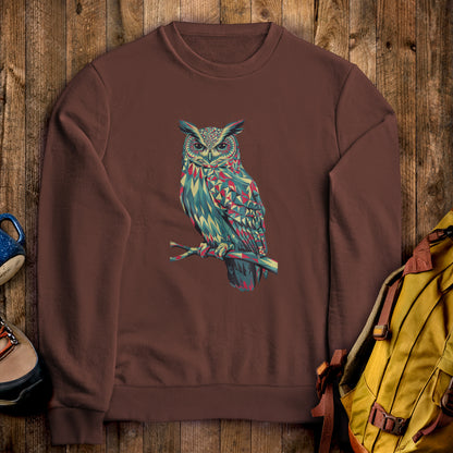 Horned Owl Mosaic Crewneck Sweatshirt Cocoa Adventure and Outdoors Themed Sweatshirt