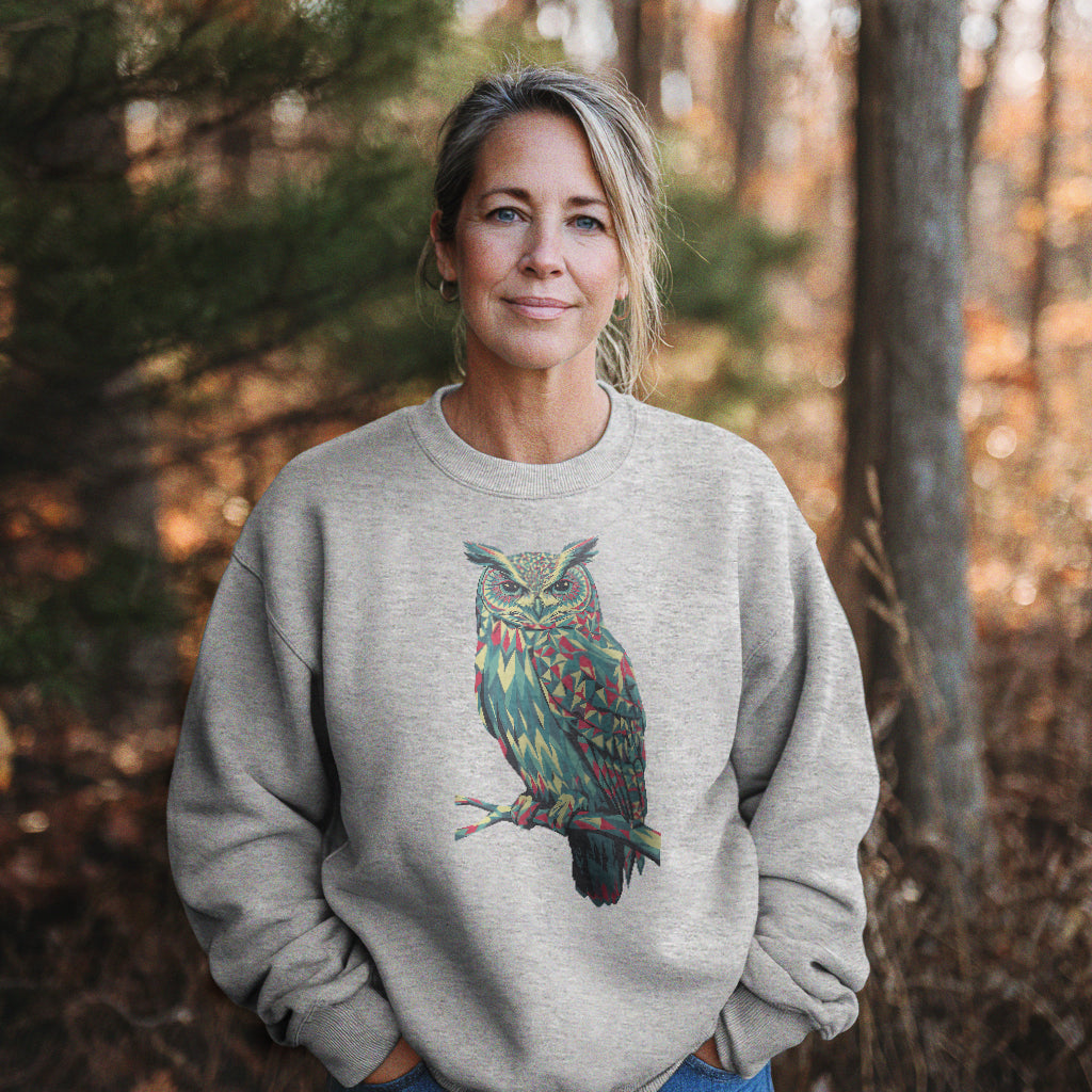 Horned Owl Mosaic Crewneck Sweatshirt Adventure and Outdoors Themed Sweatshirt