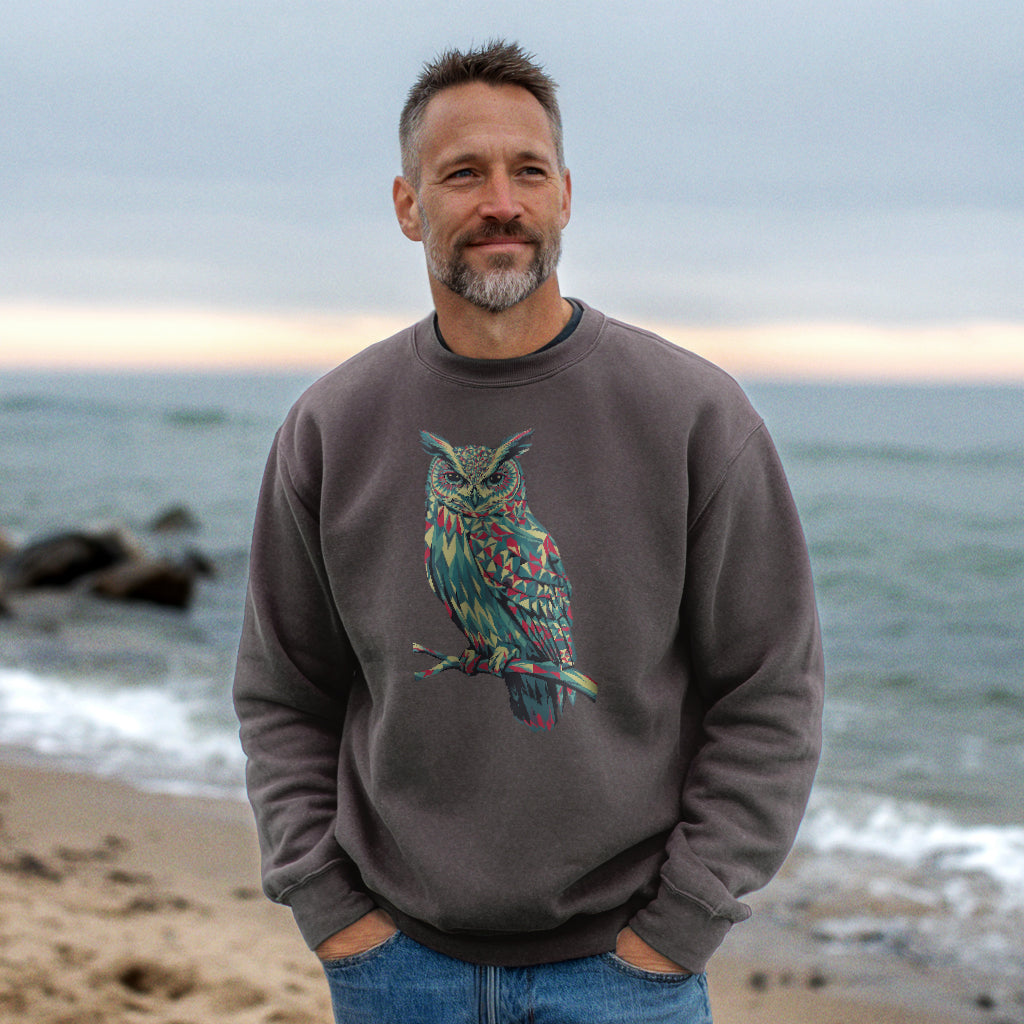 Horned Owl Mosaic Crewneck Sweatshirt Adventure and Outdoors Themed Sweatshirt